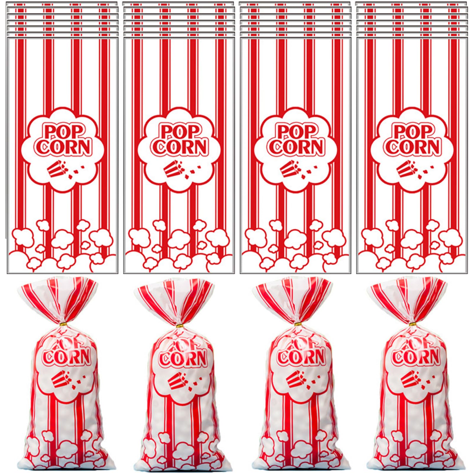 Produktbild von 200 Popcorn-Tüten Aus OPP – 12,5 X 27,5 Cm, Fettfest, Rot-weiß Gestreift – Perfekt Für Popcornmaschine, Kinoabend, Party & Candybar