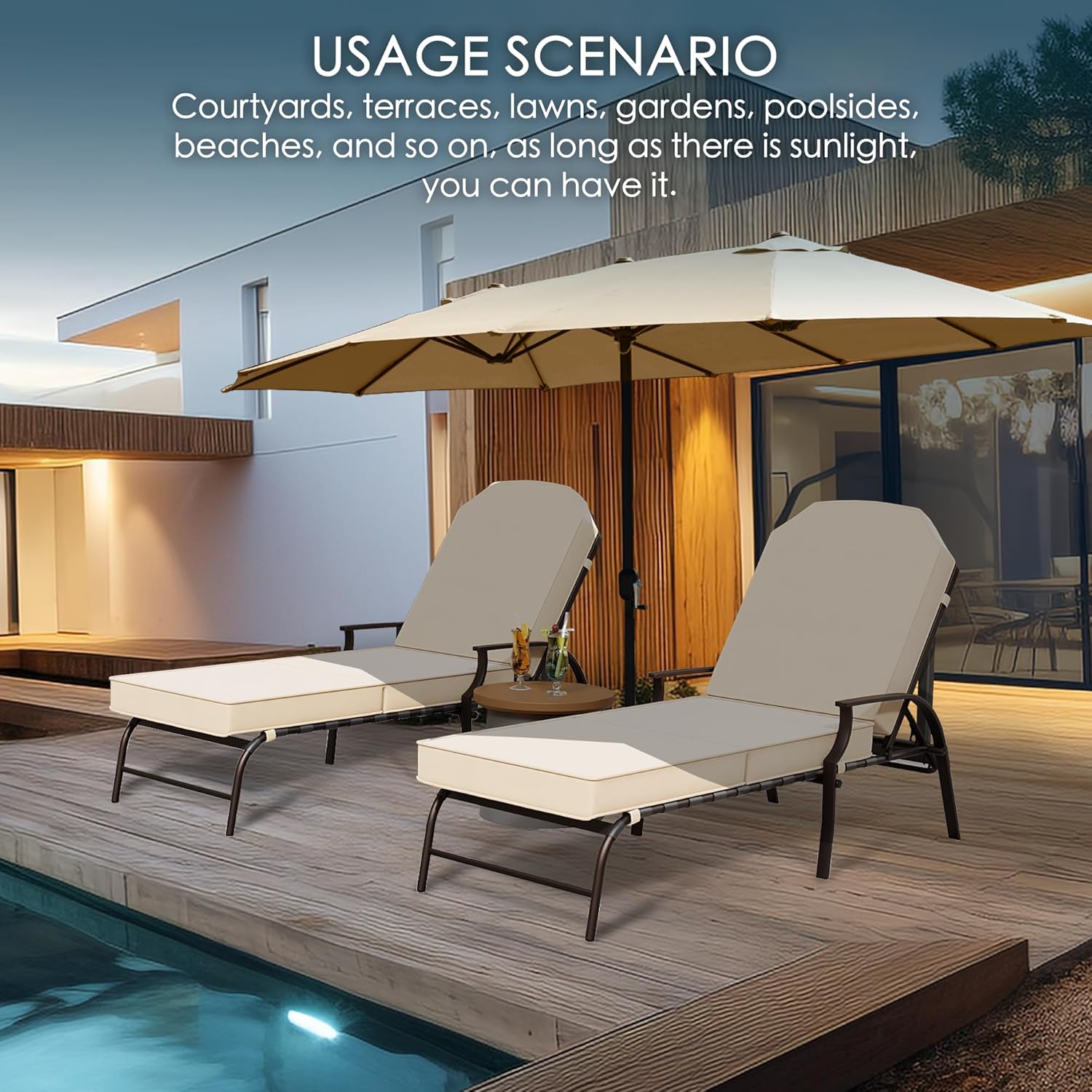 Beige Steel Outdoor Chaise Lounge with Cushions