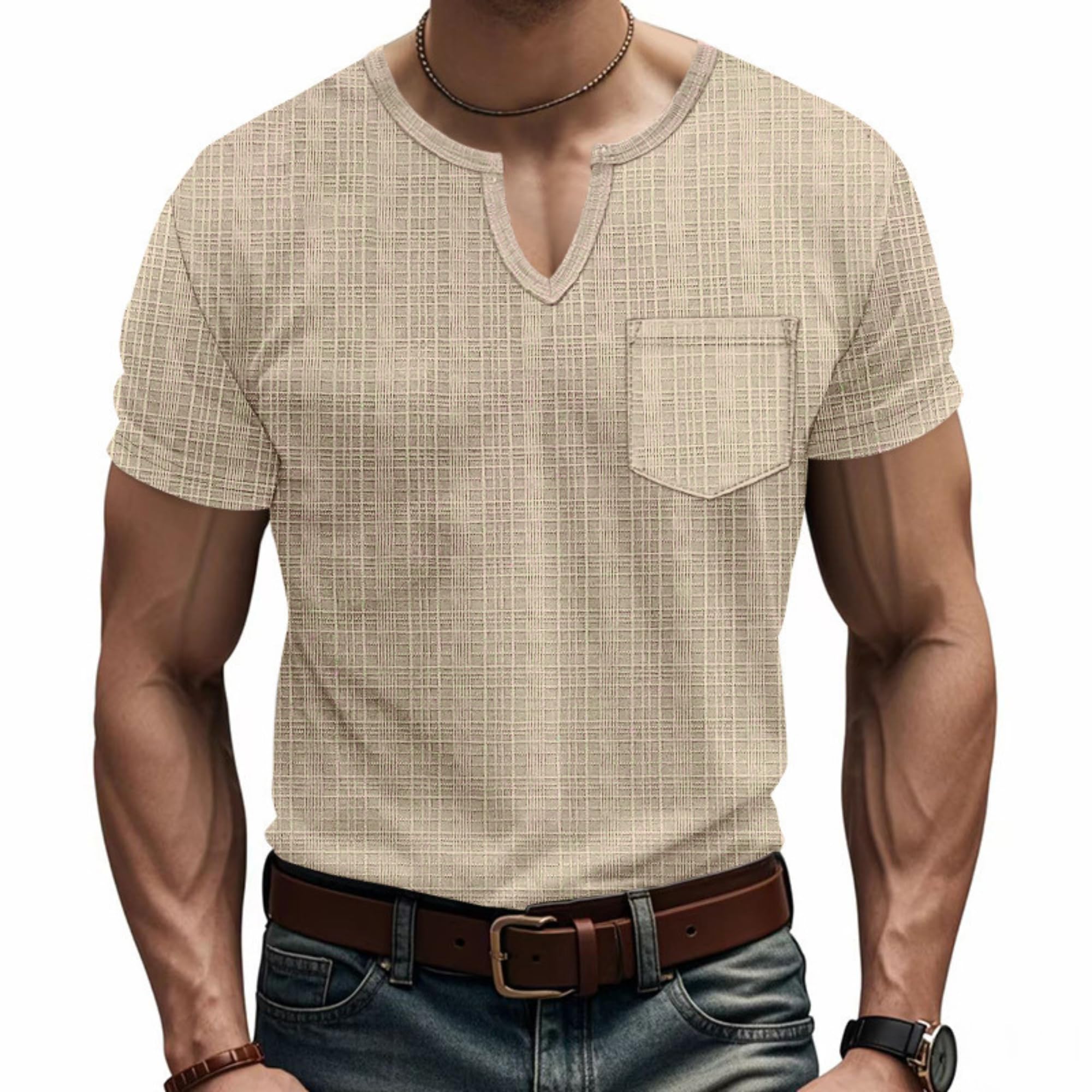 Mens Slim Fit V Neck Shirts Casual Short Sleeve Muscle Shirts Summer Henley Longline Texture Workout Gym Tees Tops