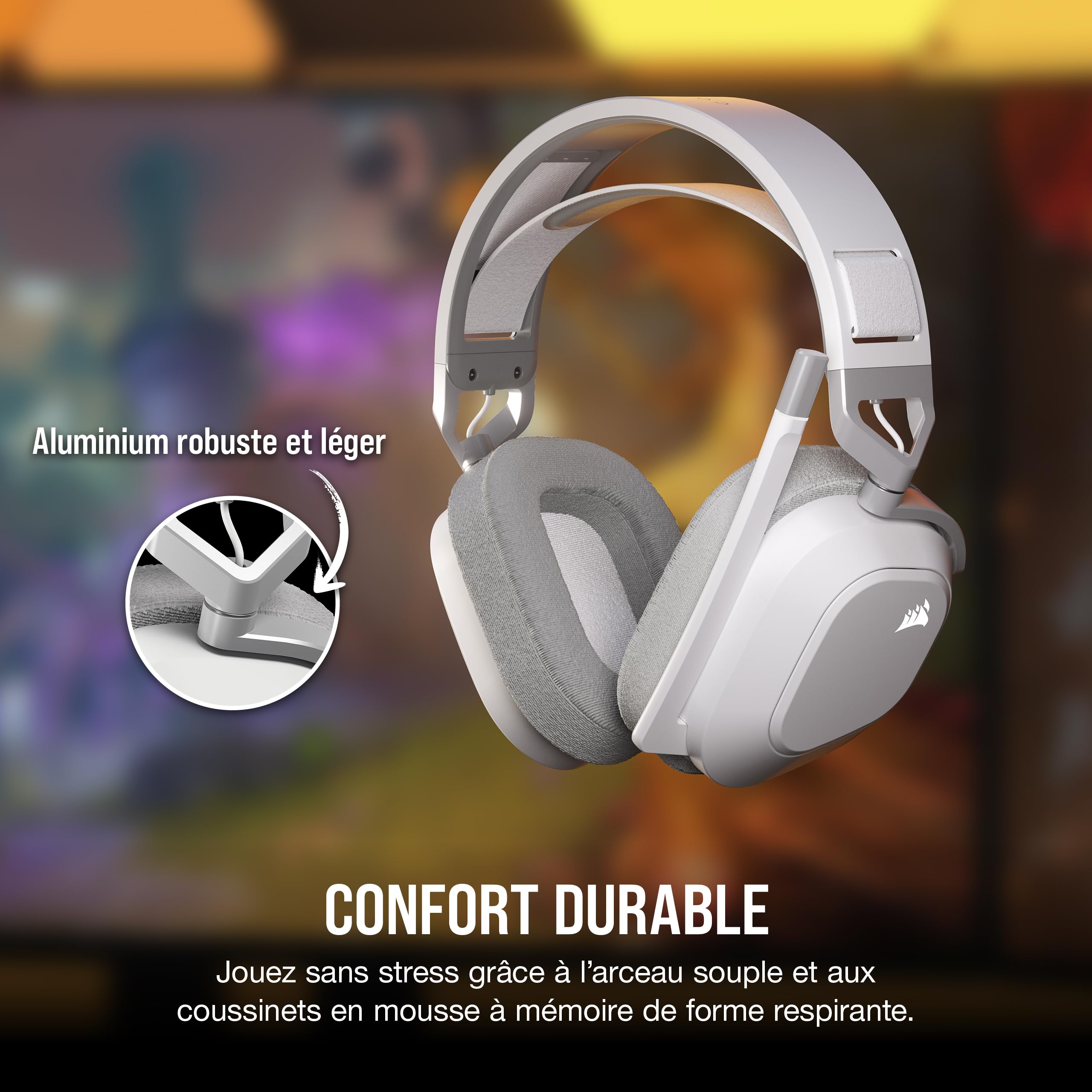 Corsair HS80 Max Wireless Casque de Jeu Multiplateforme avec Bluetooth - Dolby Atmos - Microphone de Qualité Professionnelle - Compatible iCUE - PC, Mac, PS5, PS4, Mobile - Blanc