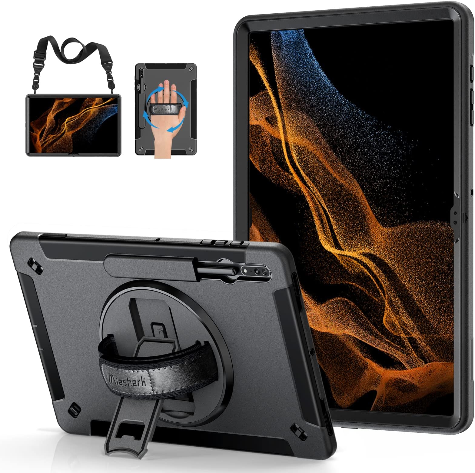 Case for Samsung Galaxy Tab S8 Ultra 2022: 3-Layer Rugged Military Grade Shockproof Case for Tab S8 Ultra 14.6 Inch with 360° Swivel Stand - Handle - Shoulder Strap - S Pen Holder - Black