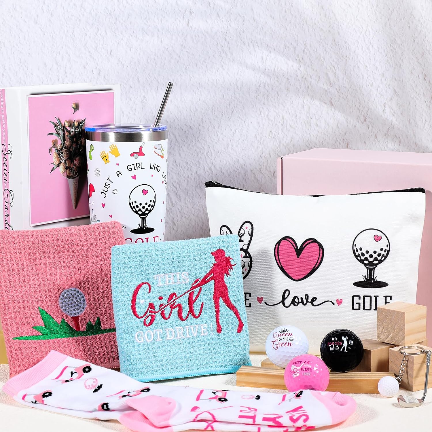 Best Golf Gifts for Women Golfers Golf Accessories for Women, 20 OZ Tumbler Golfer Socks Golfball Keychain Makeup Bag for Christmas Holiday Birthday Party Favors
