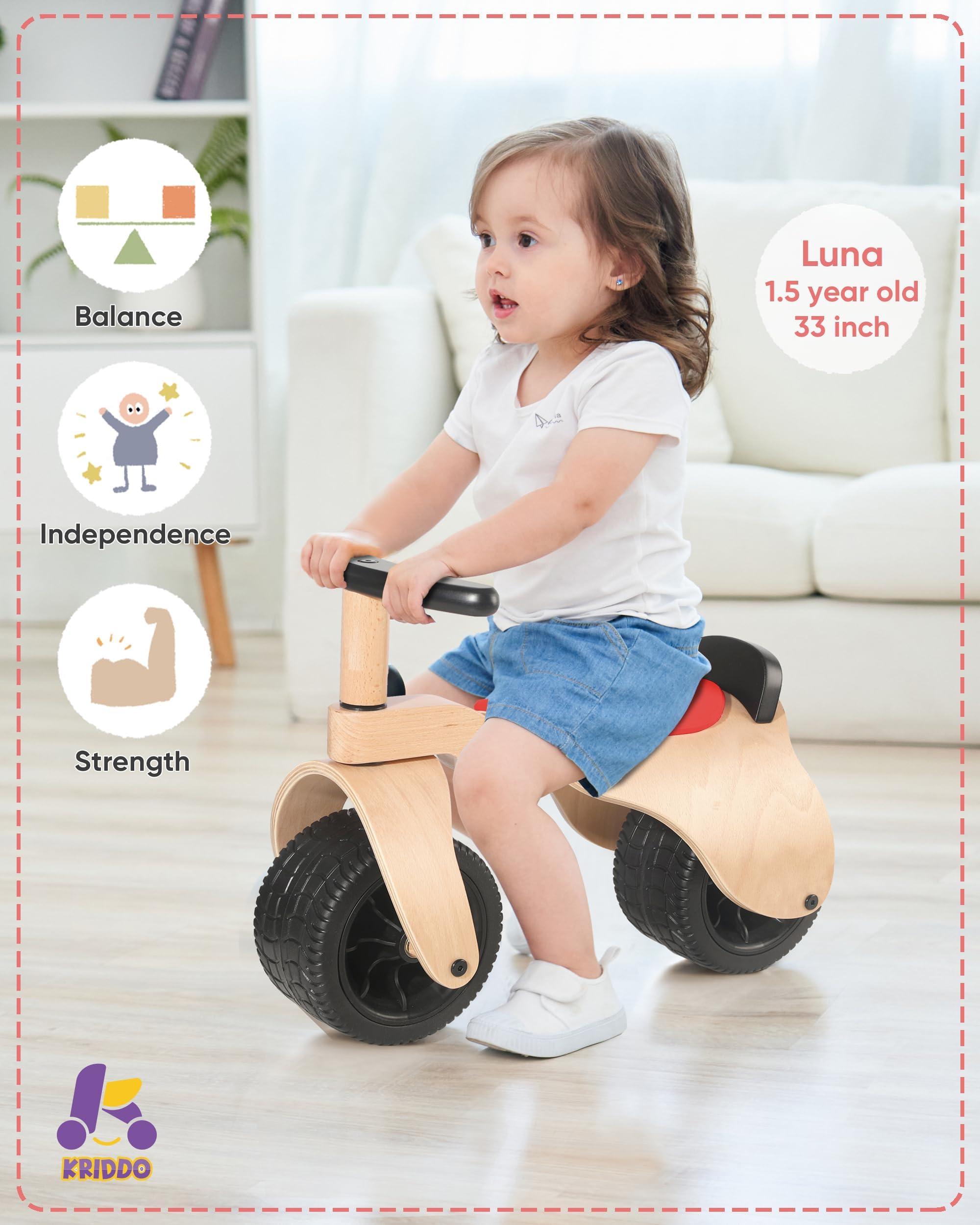 KRIDDO Wooden Baby Balance Bike 1 Year Old, Wide Wheels for Stable and Smooth Ride, Boy Girl First Balance Bike Gift for 12 Month to 3 Year, Non-Sharp Parts, Soft Seat, Red