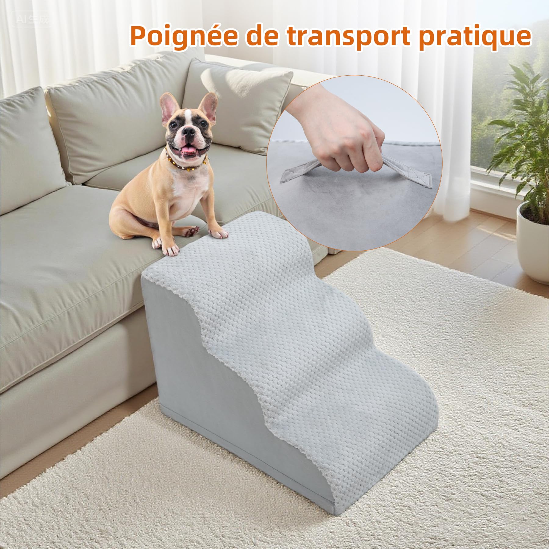 KSIIA Escaliers pour Chien à 3 Marches, Escaliers Antidérapant pour Chien - Housse Amovible et Lavable - Accès Canapé et Lit - Idéal Chiots et Animaux Âgés (Gris, 40x57x40 cm)