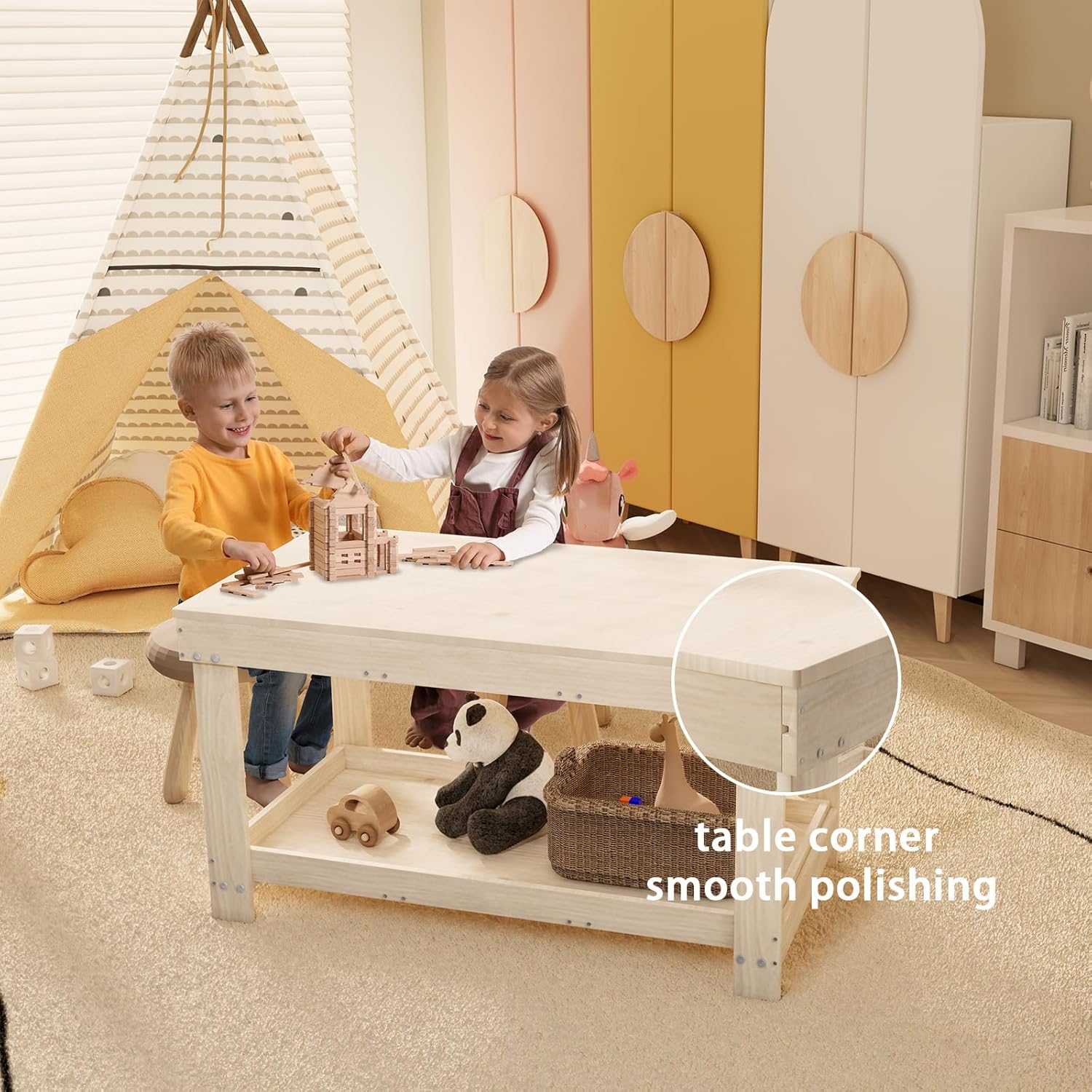 Kids Activity Table with Board and Storage Compatible with Lego, Wooden Play Table for Drawing, Building Blocks, Reading, Boys Girls Gifts