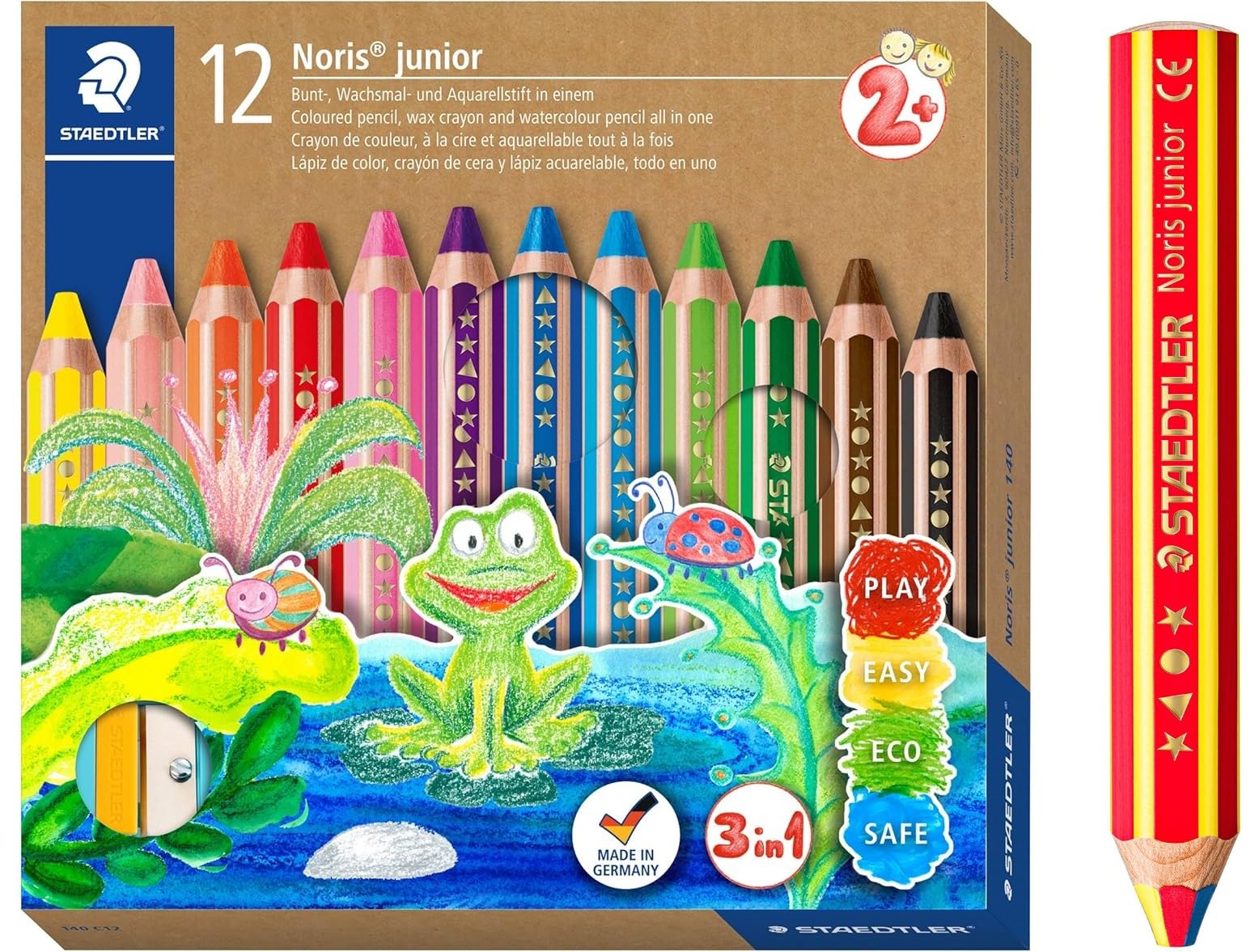 STAEDTLER Noris Junior Set 3-in-1 Colourful, Wax and Watercolour Pencil, Ideal for Toddlers, 12 Colours, Sharpener and Rainbow Pencil