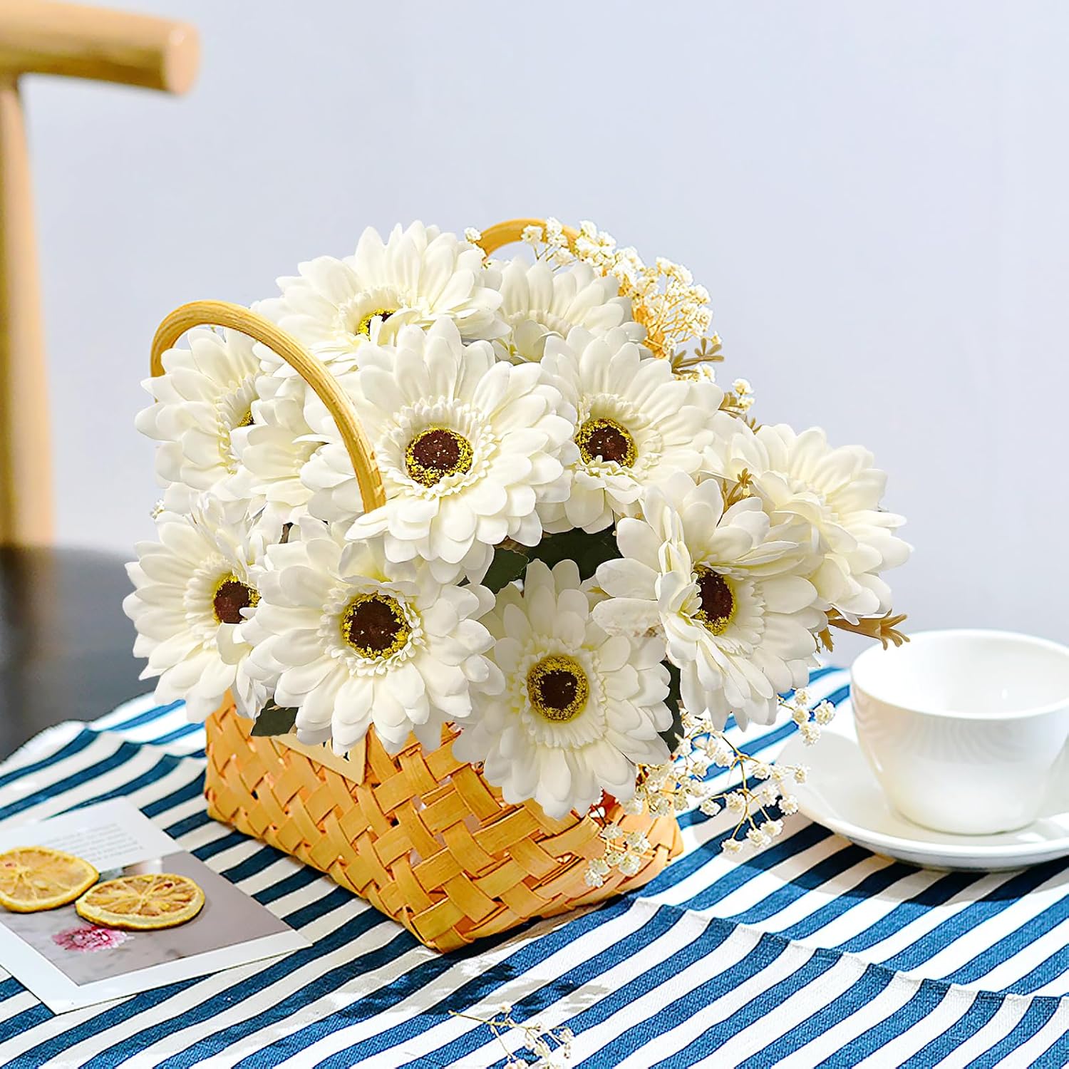 SNAIL GARDEN Artificial Gerbera Daisies Silk Flowers, 14 Heads White Daisy Artificial Flowers with Leaves, Fake Wild Flowers for Wedding, Party, Home Indoor Outdoor Decor