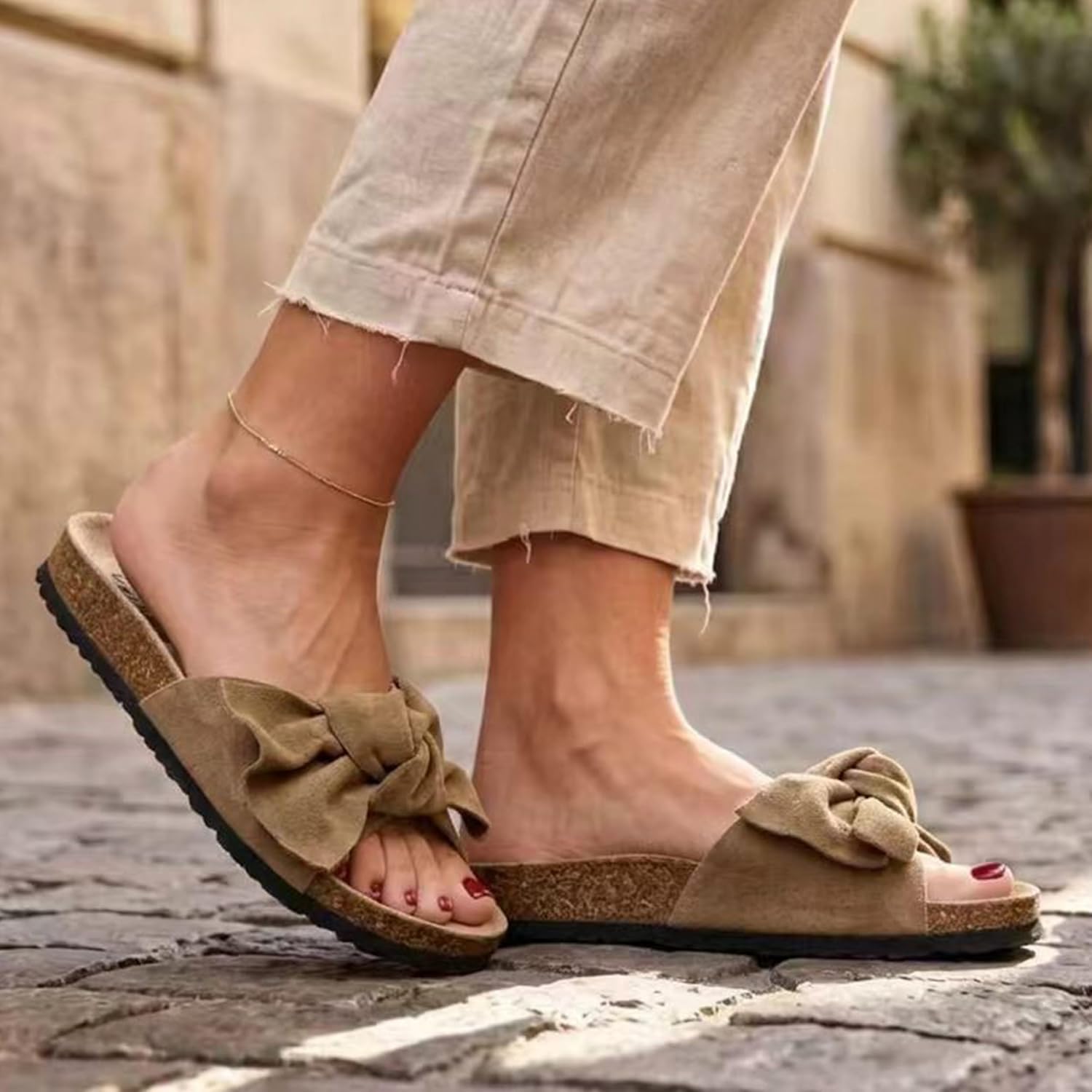 PepStep Slide Sandals for Women or Ladies Dressy Summer Casual, Cute Bow Tie Knot On Top Strap, Comfy Slip On Cork Foot Bed image 2