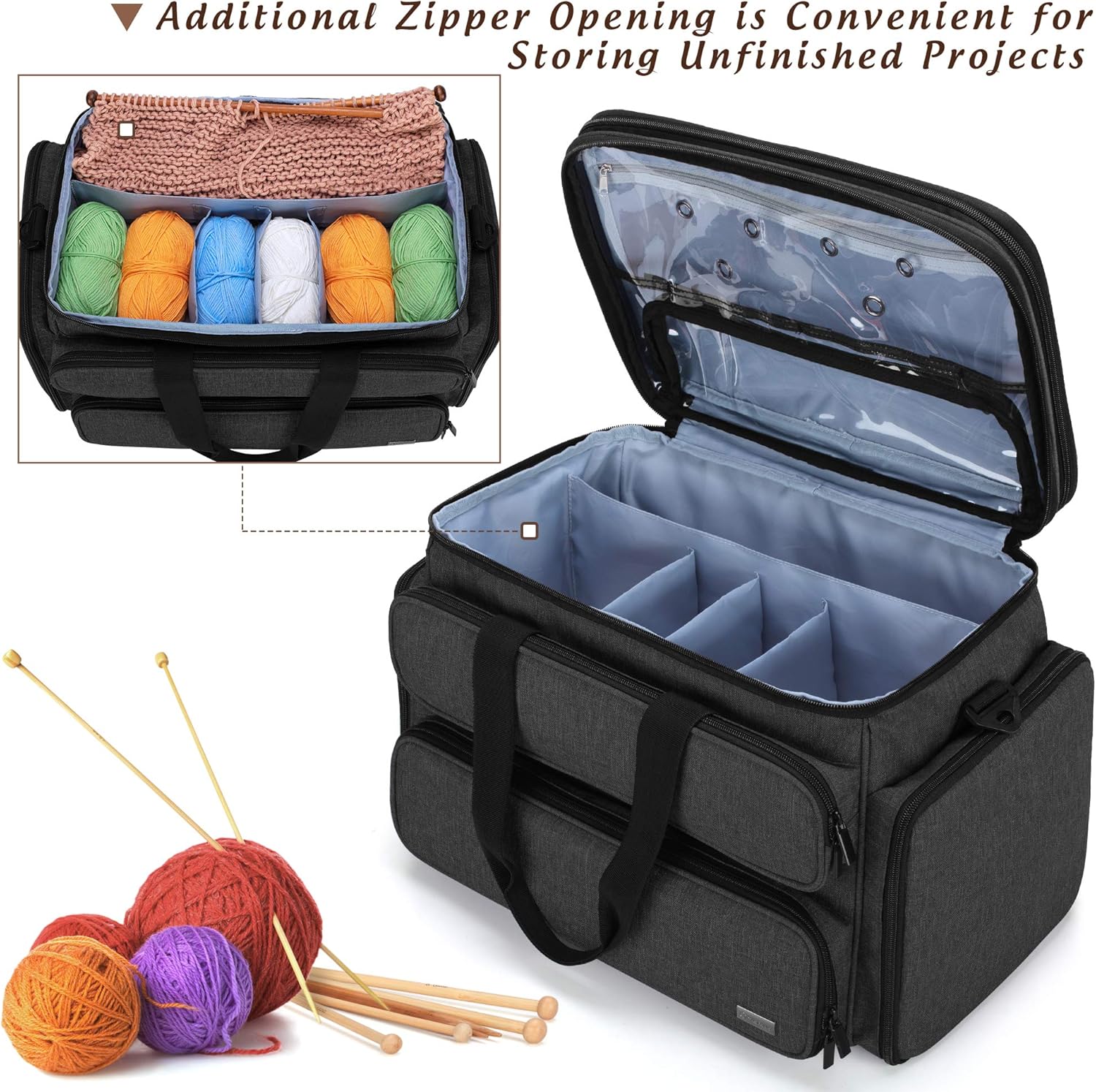 Yarwo Knitting Yarn Bag, Portable Crochet Storage Tote with Double Top Cover and Yarn Holes for Knitting Needles(Up to 14”), Unfinished Projects and Skeins of Yarn, Black