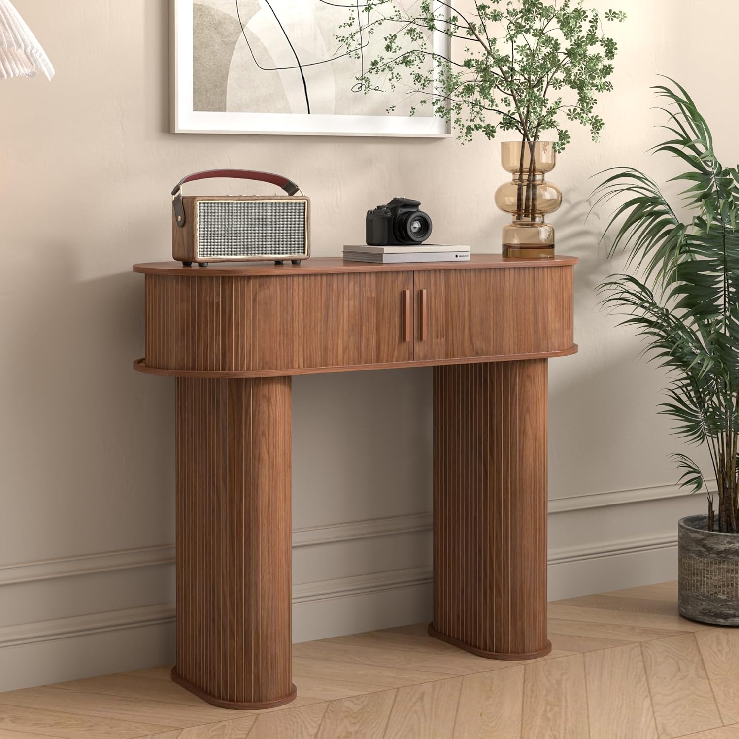 Round Console Table, Mid Century Modern Console Table, Sofa Table, Narrow Entryway Table for Hallway Living Room (Walnut)