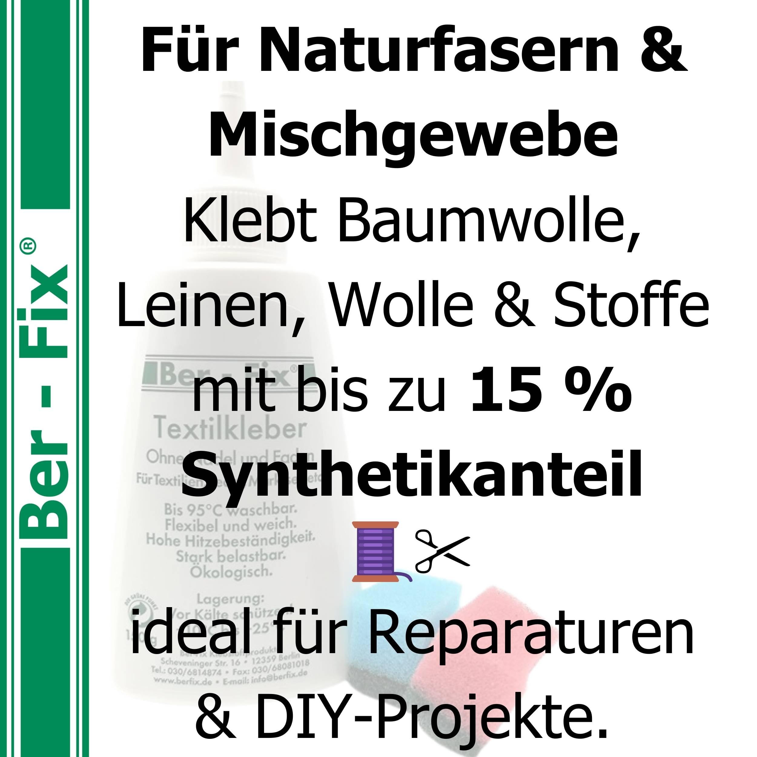 Ber-Fix Textilkleber - wasserfest, kochfest, bügelfester, flexibel (40g mit 150g)
