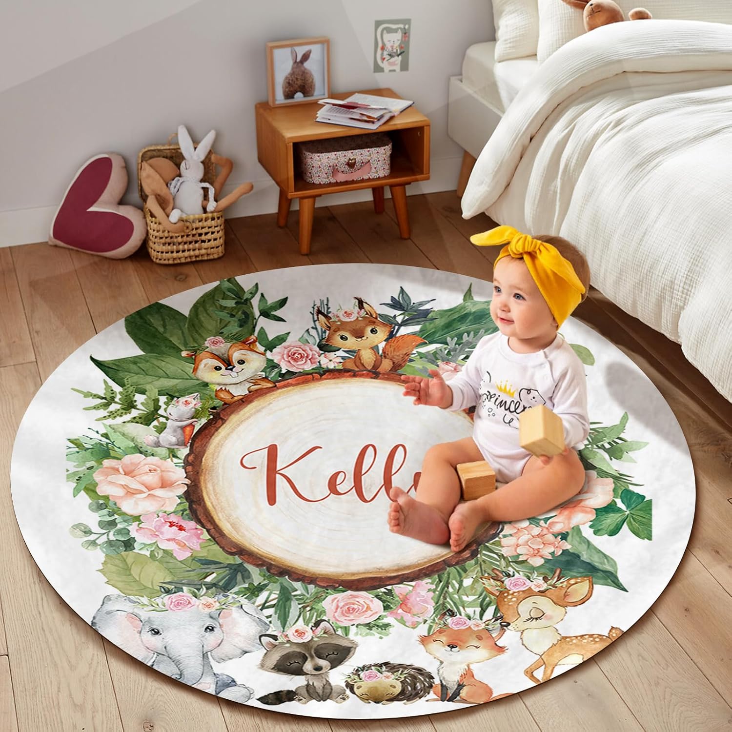 Custom Name Baby Rug - Nursery Mat for Baby Boys & Girls - Tummy Time & Crawling - Round Rugs Fit Nursery & Bedroom - Wood Deer Fox (39.37"X39.37")