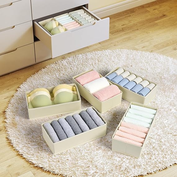 DIMJ 10Pcs Drawer Organiser, Dresser Dividers, Foldable Fabric Wardrobe Storage Organiser, Underwear Storage Boxes for Socks, Bras, Ties, Scarves, Handkerchiefs, Makeup, Baby Clothes(Beige)