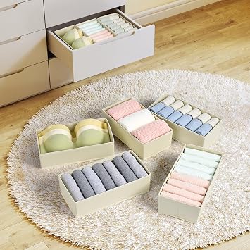DIMJ 10Pcs Drawer Organiser, Dresser Dividers, Foldable Fabric Wardrobe Storage Organiser, Underwear Storage Boxes for Socks, Bras, Ties, Scarves, Handkerchiefs, Makeup, Baby Clothes(Beige)