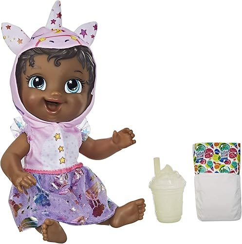 Baby Alive Muñeca Tinycorns, unicornio, accesorios, bebidas, húmedas, juguete de pelo negro para niños a partir de 3 años