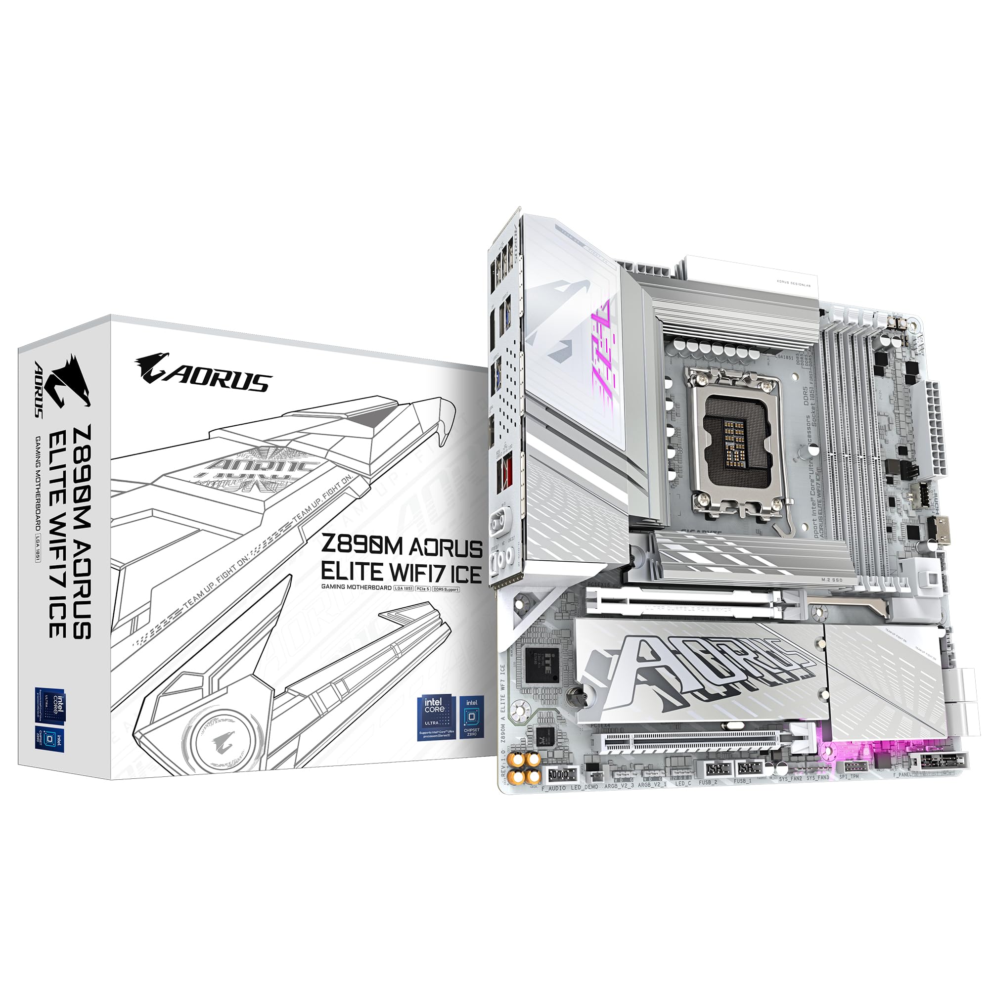 GIGABYTE Z890M AORUS ELITE WIFI7 ICE Motherboard - Supports Intel Core Ultra (Series 2) CPUs, 12+1+2 phases VRM, up to 8800MHz DDR5 (OC), 1xPCIe 5.0 + 2xPCIe 4.0, Wi-Fi 7, 2.5GbE LAN