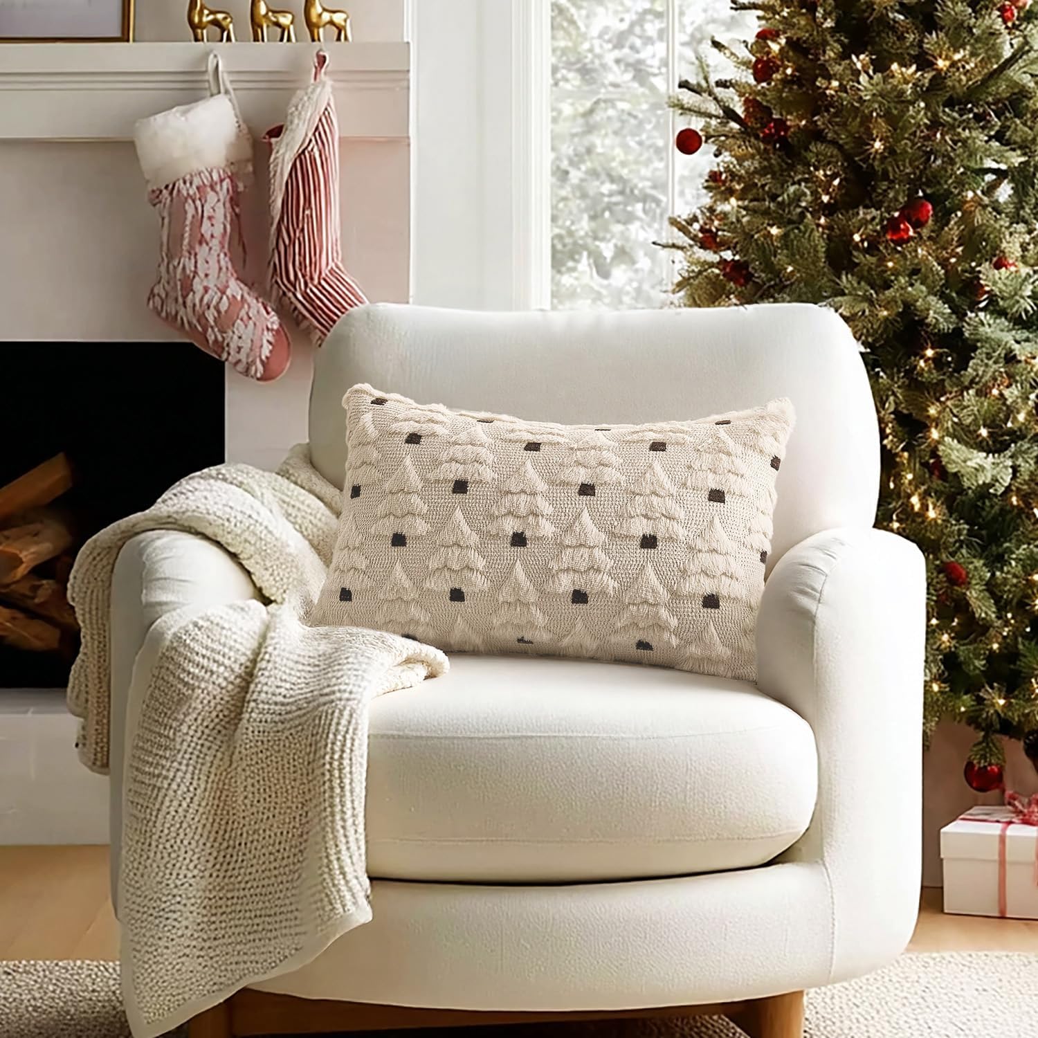 MIULEE Christmas Tree Decorative Pillow Covers Faux Fur Wool Throw Pillows Soft Plush Cushion Covers Set of 2 Xmas Home Decor Winter Holiday for Sofa Couch Livingroom Bed 12x20 Inch Beige