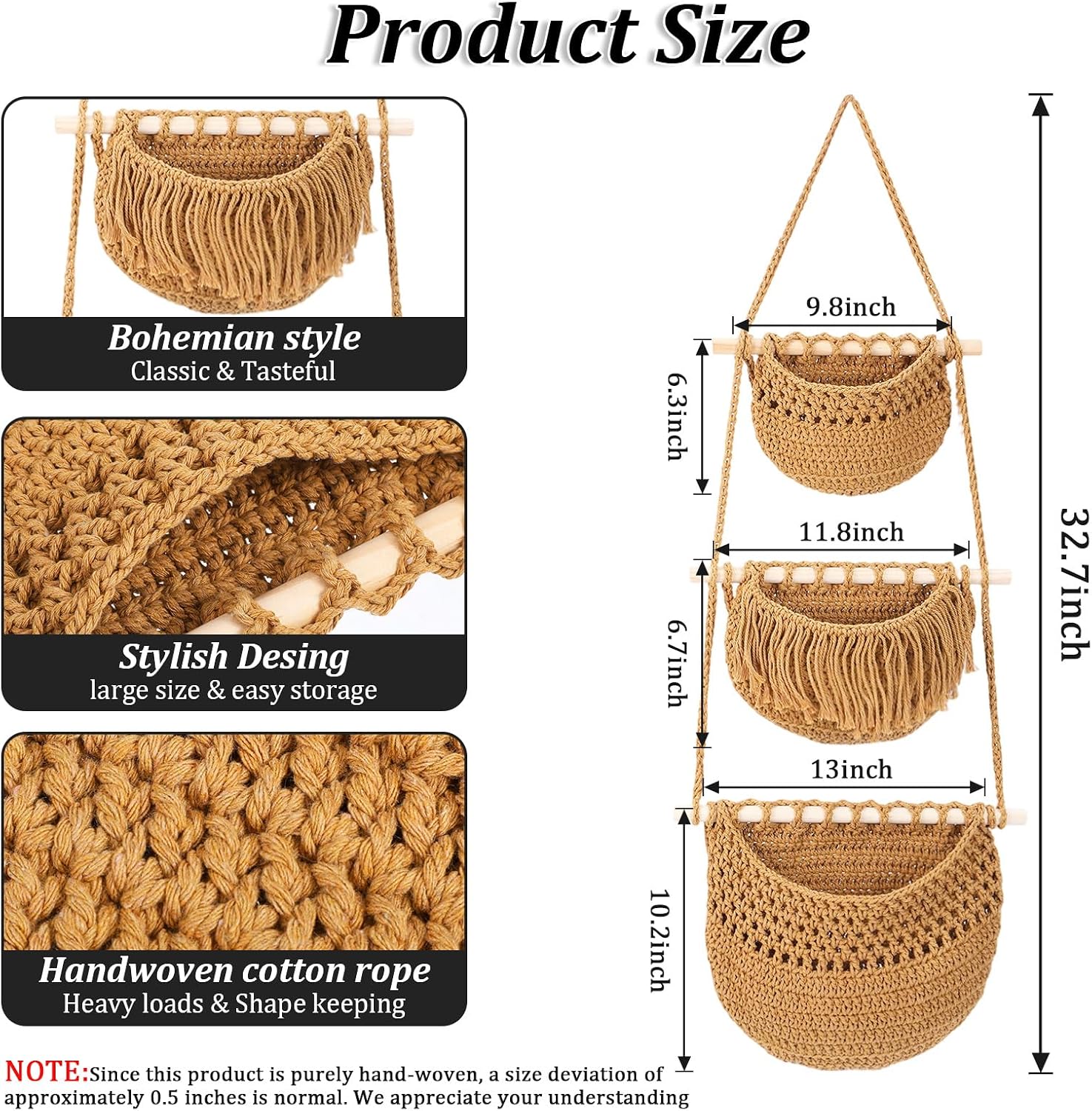 Fruit Storage Hanging Basket 3 Tier, Handwoven Cotton Rope Produce Basket for Kitchen Wall, Boho Vegetable Organizer with Hooks, Farmhouse Decor for Onion Potato Garlic, Linen