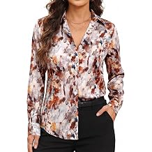 Button Down Shirts for Women Long Sleeve Print Tops Dressy Casual Blouse Floral Work Top Wrinkle Resistant