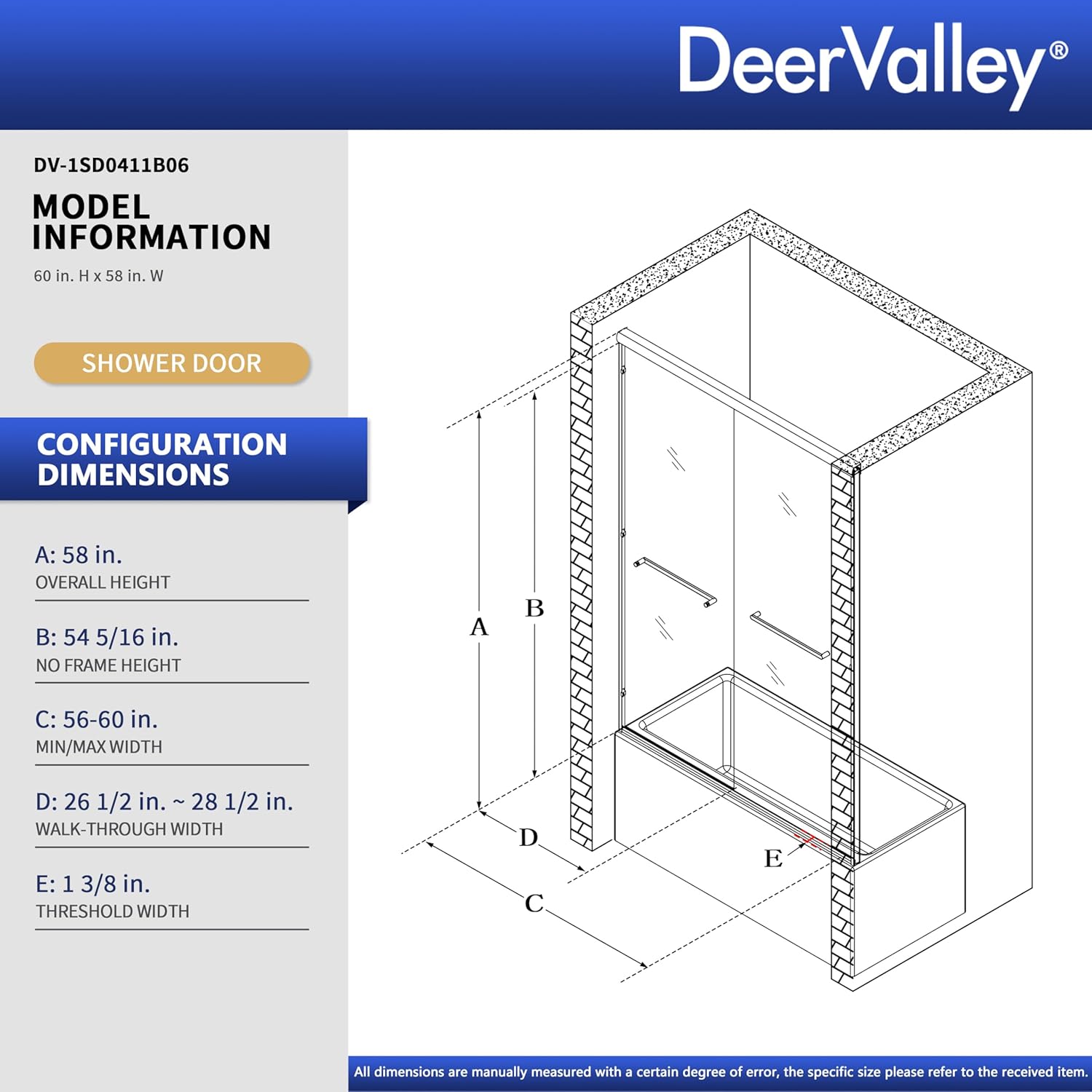 DeerValley 57" - 60" W x 58" H Double Sliding Tub Shower Door, Semi-Frameless Bathtub Shower Door with 1/4" Tempered Clear Glass, Matte Black