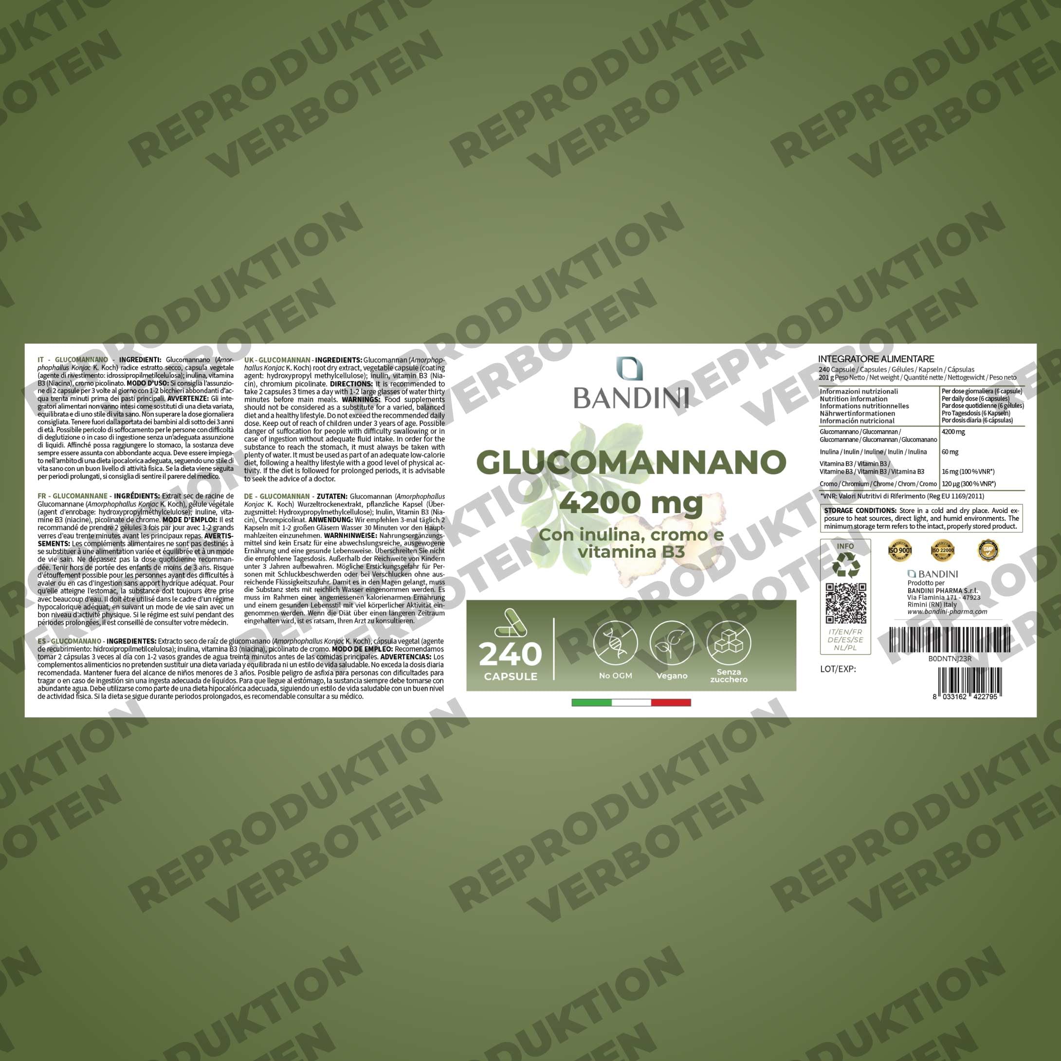Bandini® Glucomannan aus der Konjak Wurzel - 4200 mg pro Tagesdosis - 240 Kapseln - Optimiert mit Bakterienkulturen, Chrom, Vitamin B3 und Inulin - Hochdosiertes Supplement - Vegan