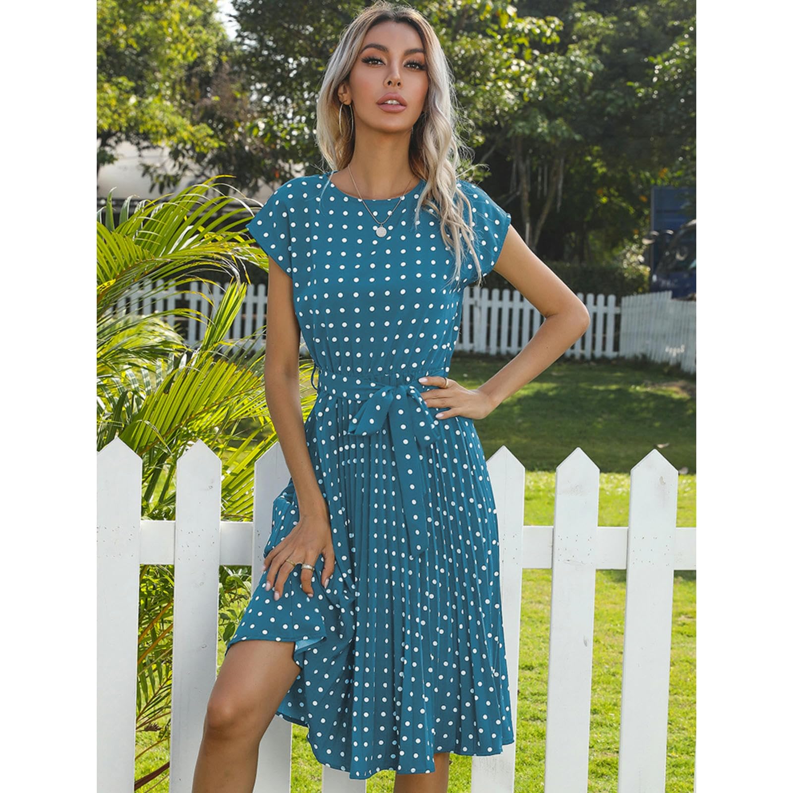 NOGRAX Sukienki damskie plażowe Sundress z krótkim rękawem nadruk w kropki Vestido linia A kwiatowy wysoki stan plisowane sukienki midi