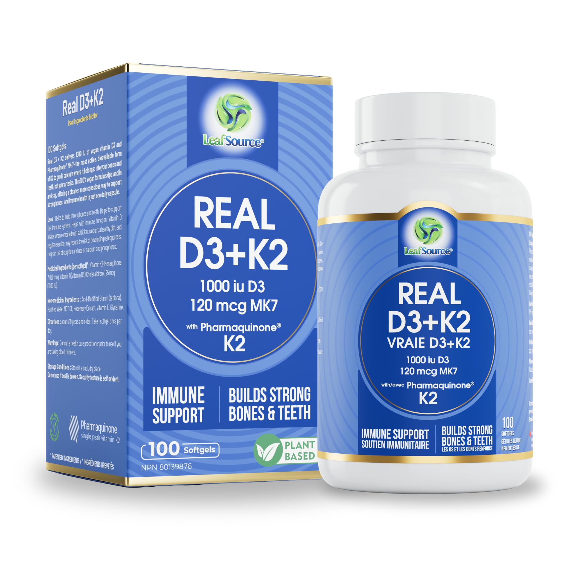 LeafSource Real Vitamin D3 + K2, Made in Canada, 1000IU Plant