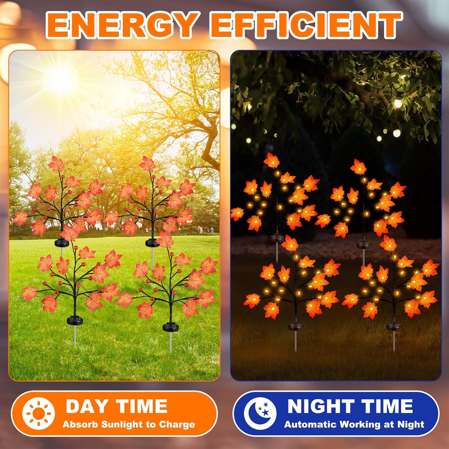 4 Pack Outdoor Fall Solar Lights Decorations Thanksgiving Waterproof Orange Maple Leaf Lights, Autumn Artificial Tree for Halloween Christmas Party Yard Garden Decor, 10 LED 8 Modes - Image 5