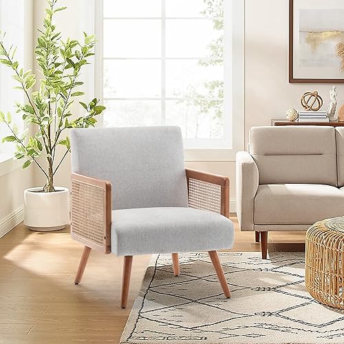 Miniatura 10 de Silla decorativa con brazos de ratán, silla moderna tapizada de mediados de siglo para dormitorio, sala de estar, sillas de lectura, sillón de