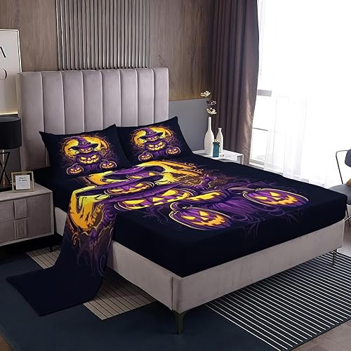 Miniatura 191 de Sábanas de Halloween tamaño individual – Juego de sábanas espeluznantes de calabaza murciélago para niños y niñas, juego de sábanas temáticas