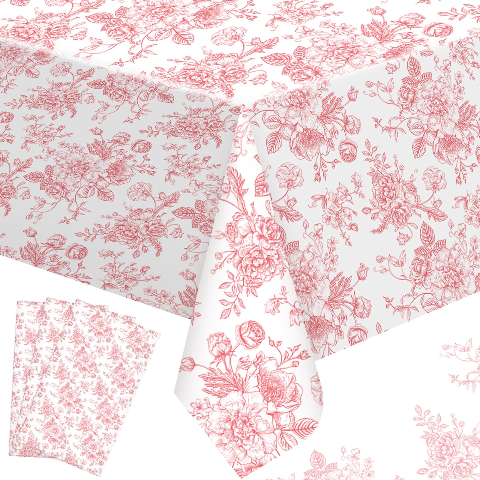 FuWeave 3 manteles desechables de flores rosas, centro de mesa de plástico, decoración de Navidad para cocina, jardín, fiesta de té, hogar, 137 x 274 cm