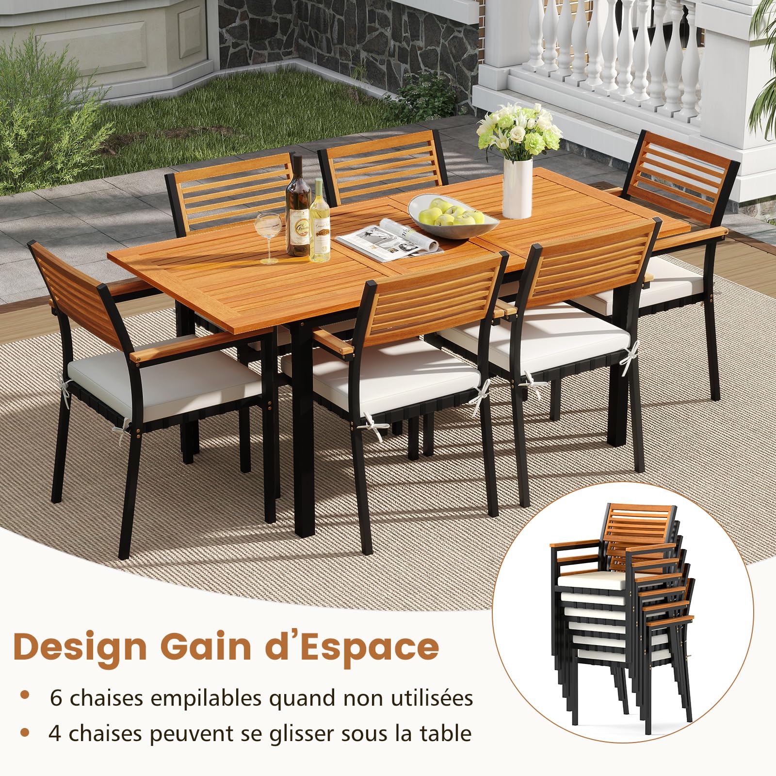 COSTWAY Salon de Jardin 7 Pièces en Bois d'Acacia avec Table Extensible