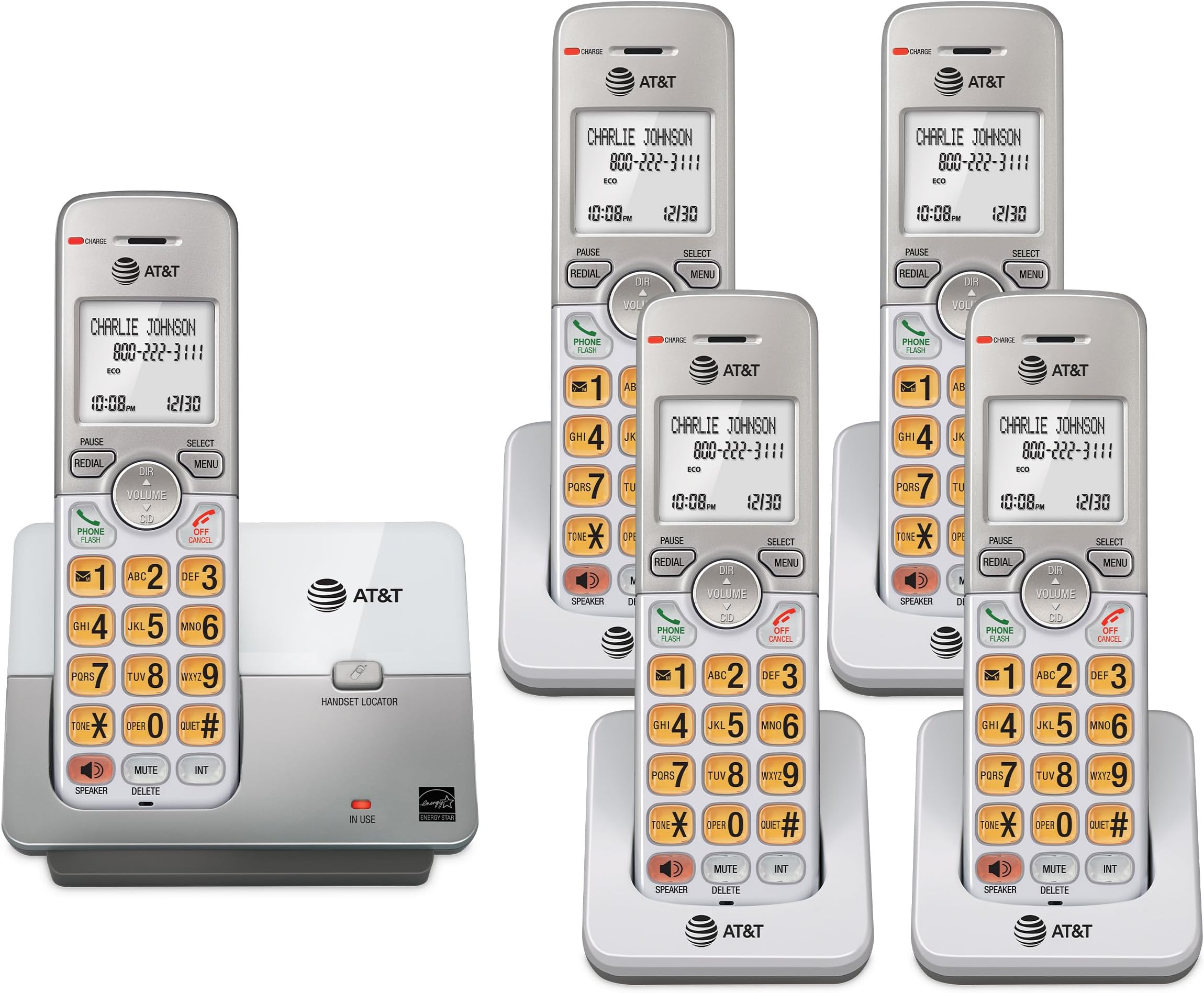 AT&T 5-Handset DECT 6.0 Cordless Home Phone with LCD Display, Lighted Keypad, Caller ID/Call Waiting, Simulated Full-Duplex Handset Speakerphone, Eco Mode, Voicemail Key, Quiet Mode, Intercom: EL51503