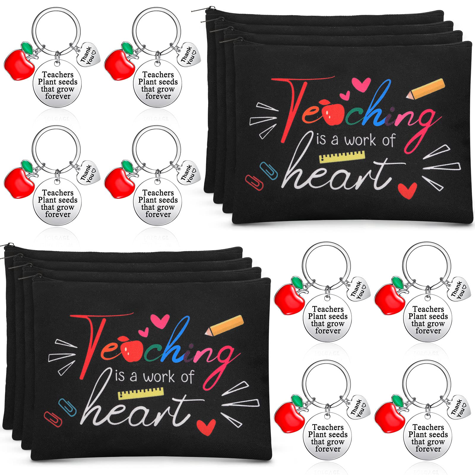 Yinkin 16 Pcs Christmas Teacher Appreciation Gifts Set 8 Makeup Pouch Cosmetic Bags and 8 Keychains for Christmas Valentines Teacher Appreciation