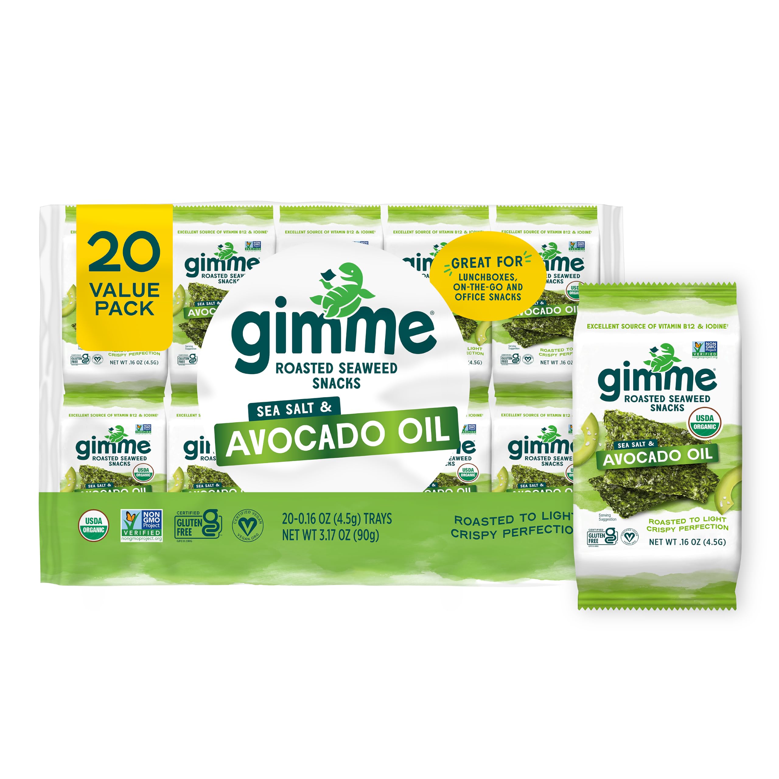 Gimme 20 CT Sea Salt & Avocado Oil Organic Seaweed Snacks, 4.5g, 0.16oz