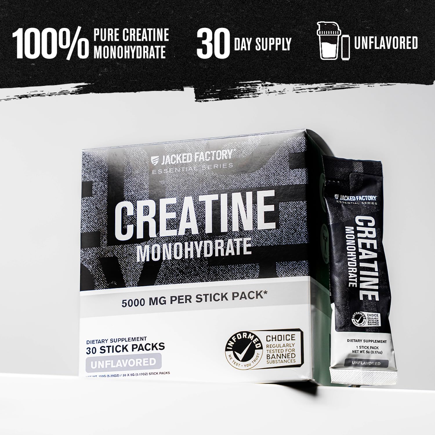 Jacked Factory Creatine Monohydrate Stick Packs 150g - 5g Daily Micronized Creatine Monohydrate Powder for Men and Women, Vegan-Friendly, Third-Party Tested - 30 Servings, Unflavored — Amazon image 2