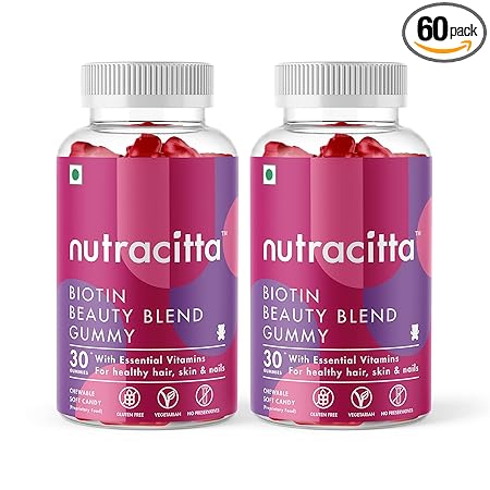 Nutracitta Biotin Beauty Blend, Multivitamins enriched Biotin Gummies for Shinier Hair, Skin & Stronger Nails with Zinc & Folic Acid, Gelatin Free, Vegetarian, 60 Gummies (Pack of 2)