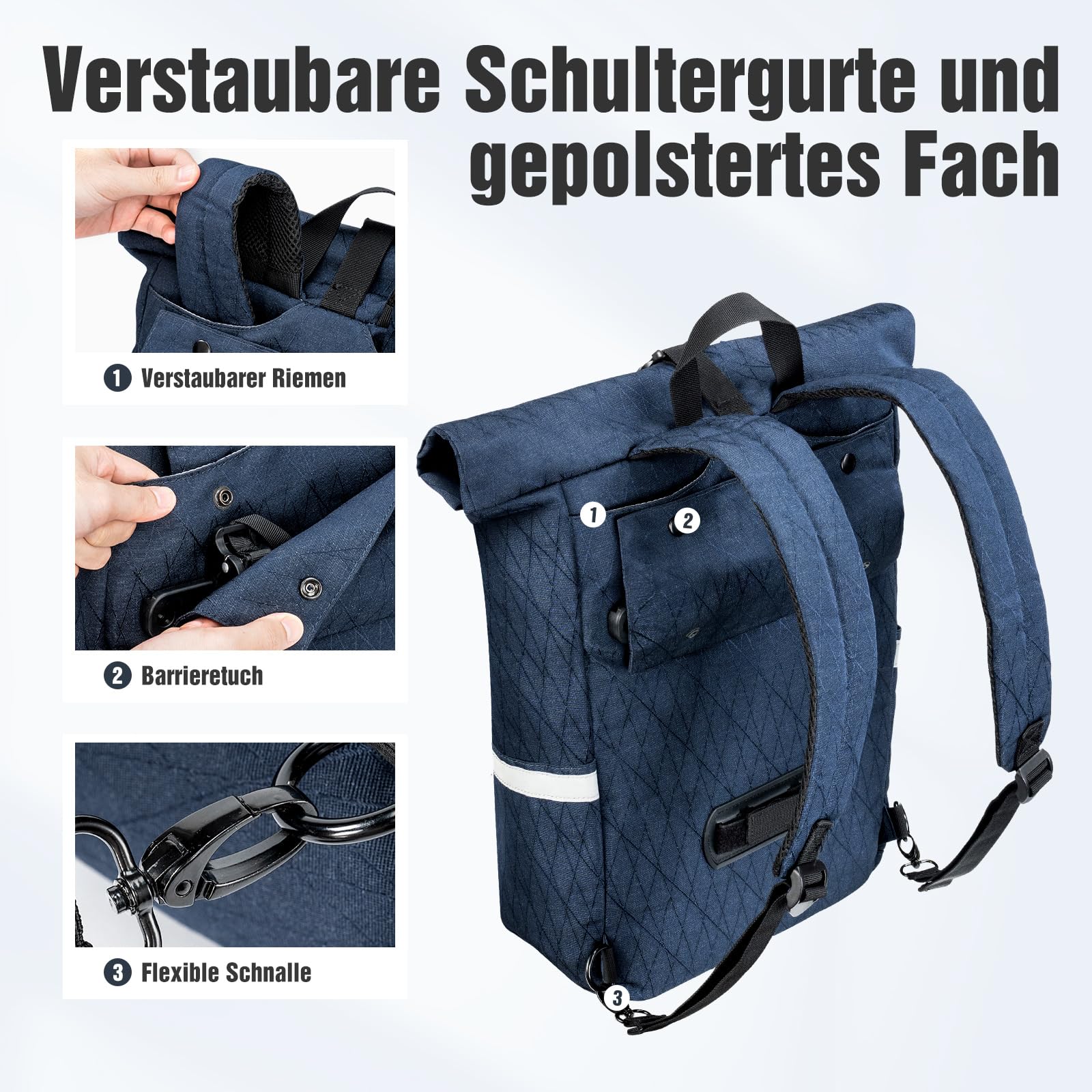 Torba rowerowa na bagażnik, 22 l, plecak dla mężczyzn, 2 w 1, wielofunkcyjna torba na bagażnik z kieszenią na laptopa, niebieski, 22 Liter, 40 x 28 x 15 cm
