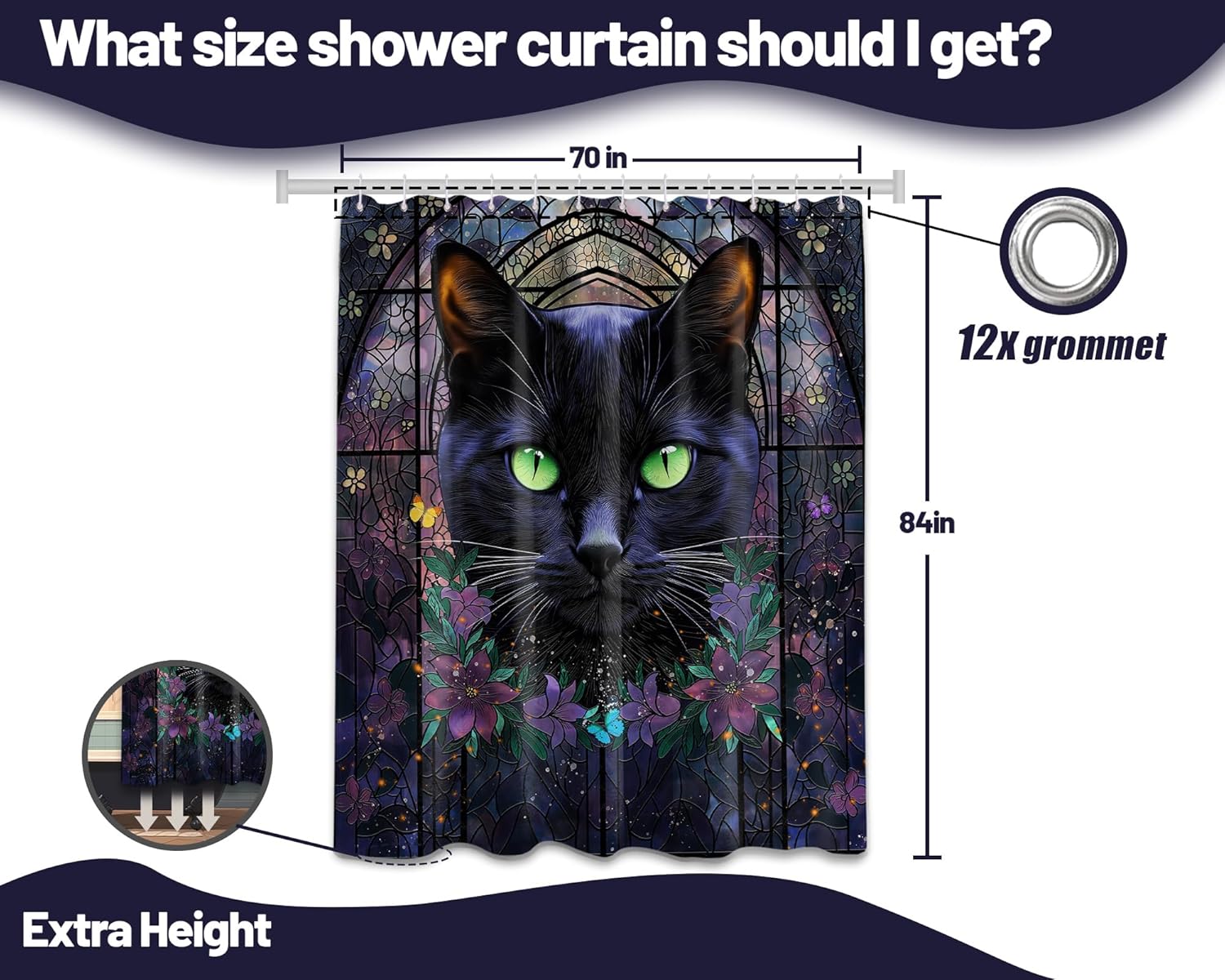 Black Cat Shower Curtain, Mystic Gothic Halloween Witchy Shower Curtains for Bathroom Decor, Waterproof Fabric with Hooks, 70" W x 84" L