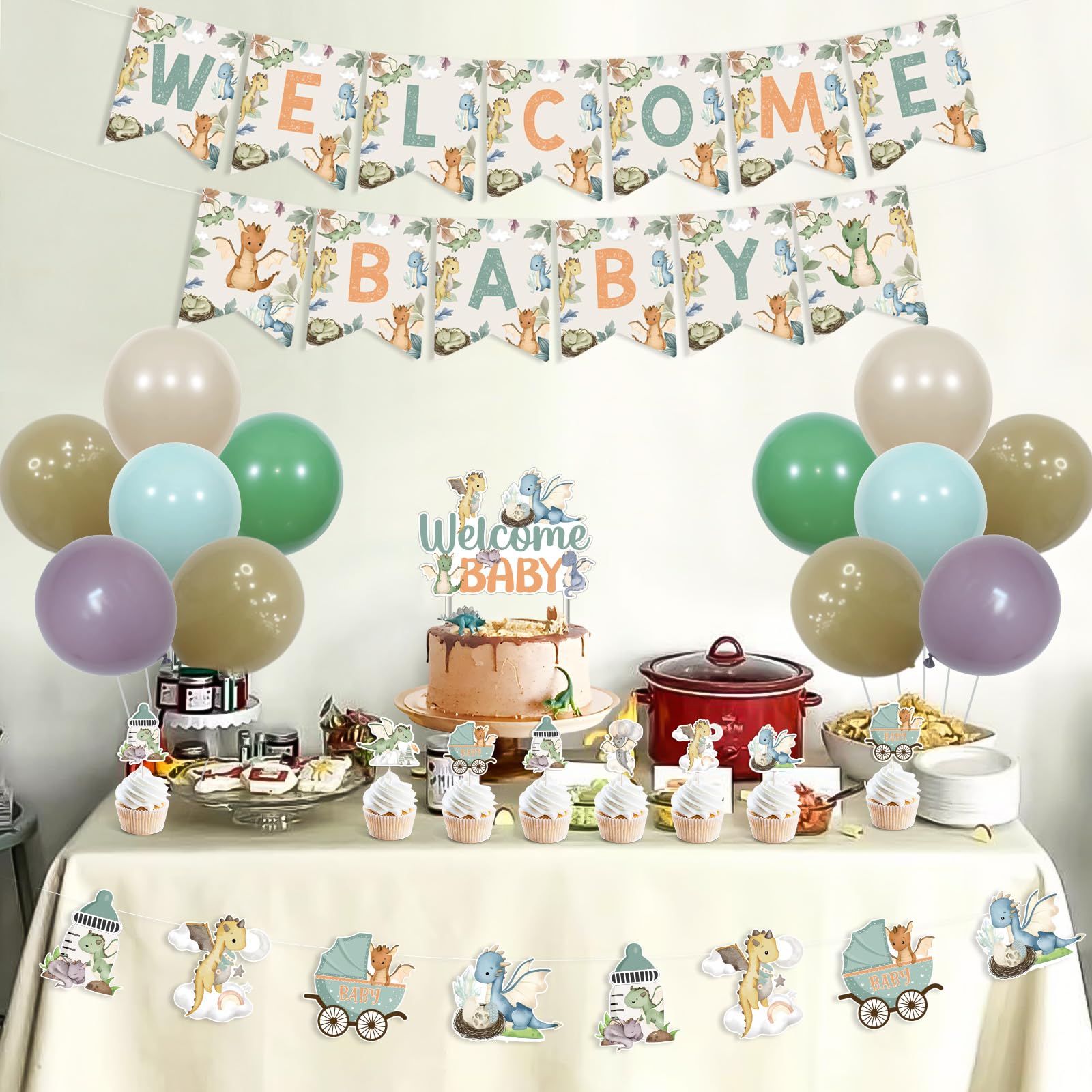 Sursurprise 25-Piece Dragon Baby Shower Cake Decorations - Welcome Baby Cupcake Toppers
