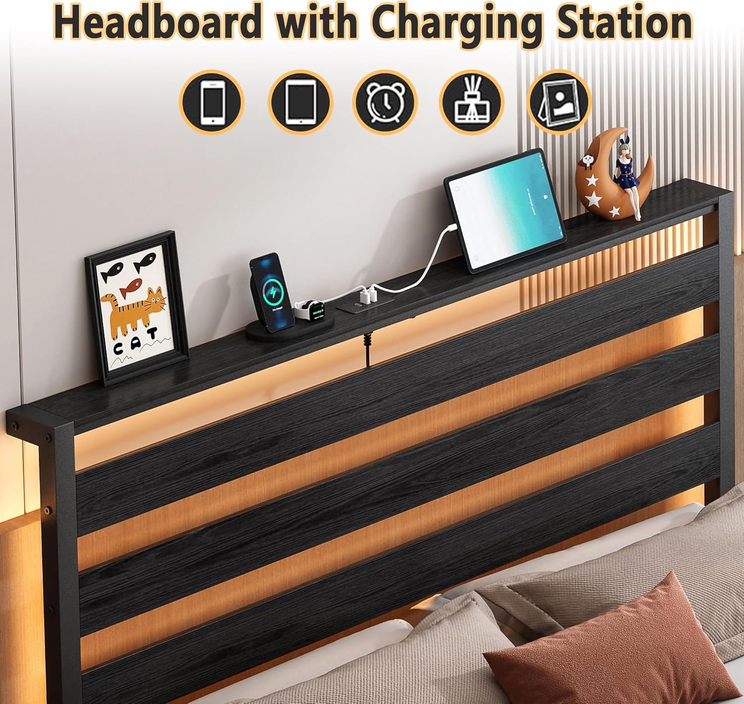 Bed Frame Twin Size with USB Charging Station, LED Bed Frame with Wood Storage Headboard, Black Metal Platform Bed with Under Bed Storage, No Box Spring Needed, Noise Free - Image 3