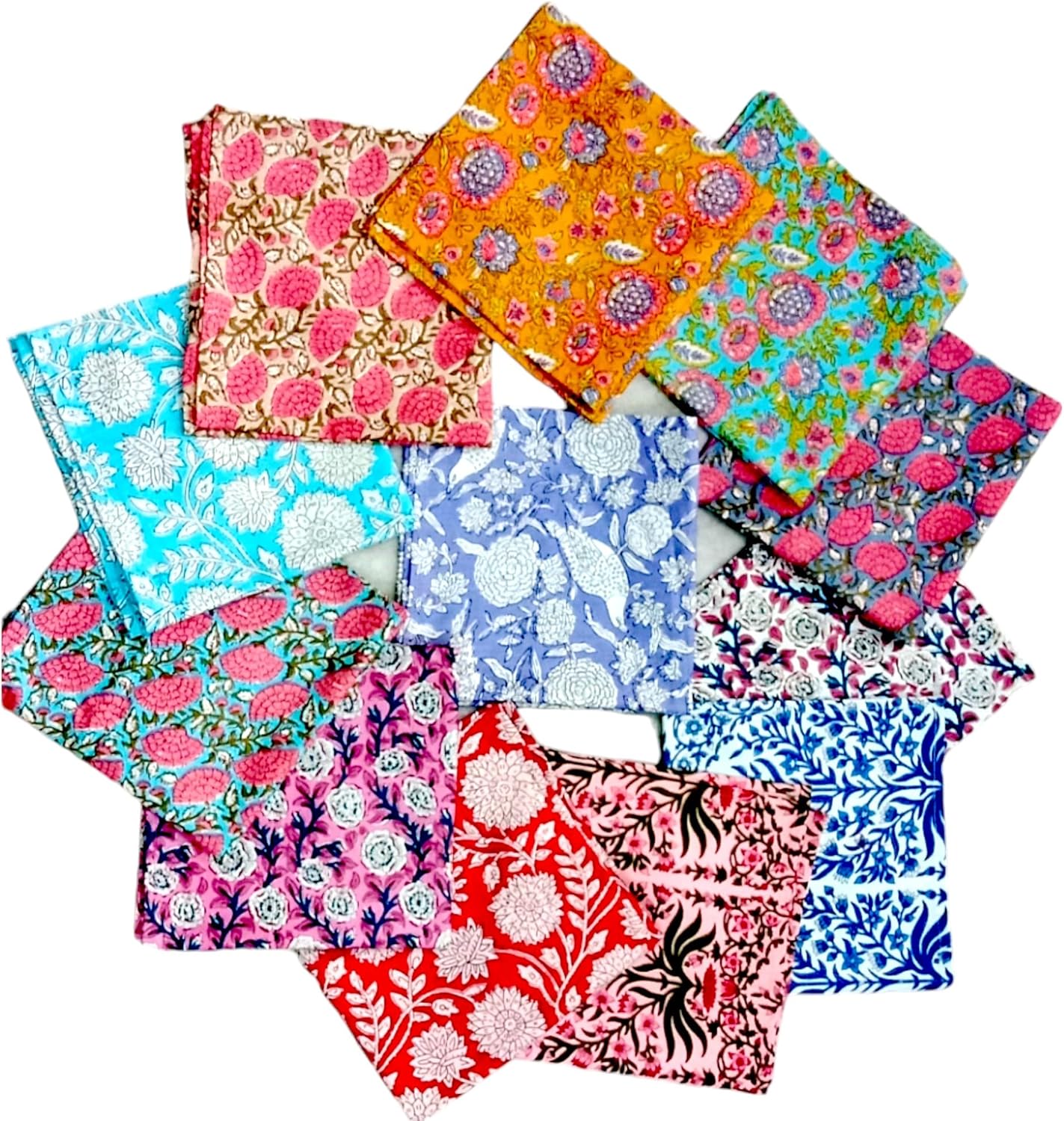 COTSILER Premium Handblock Cotton Napkin Set, Floral Print, Handmade for Dinner, Event, Thanksgiving (Multicolor, 18x18 Inch -Set of 12)