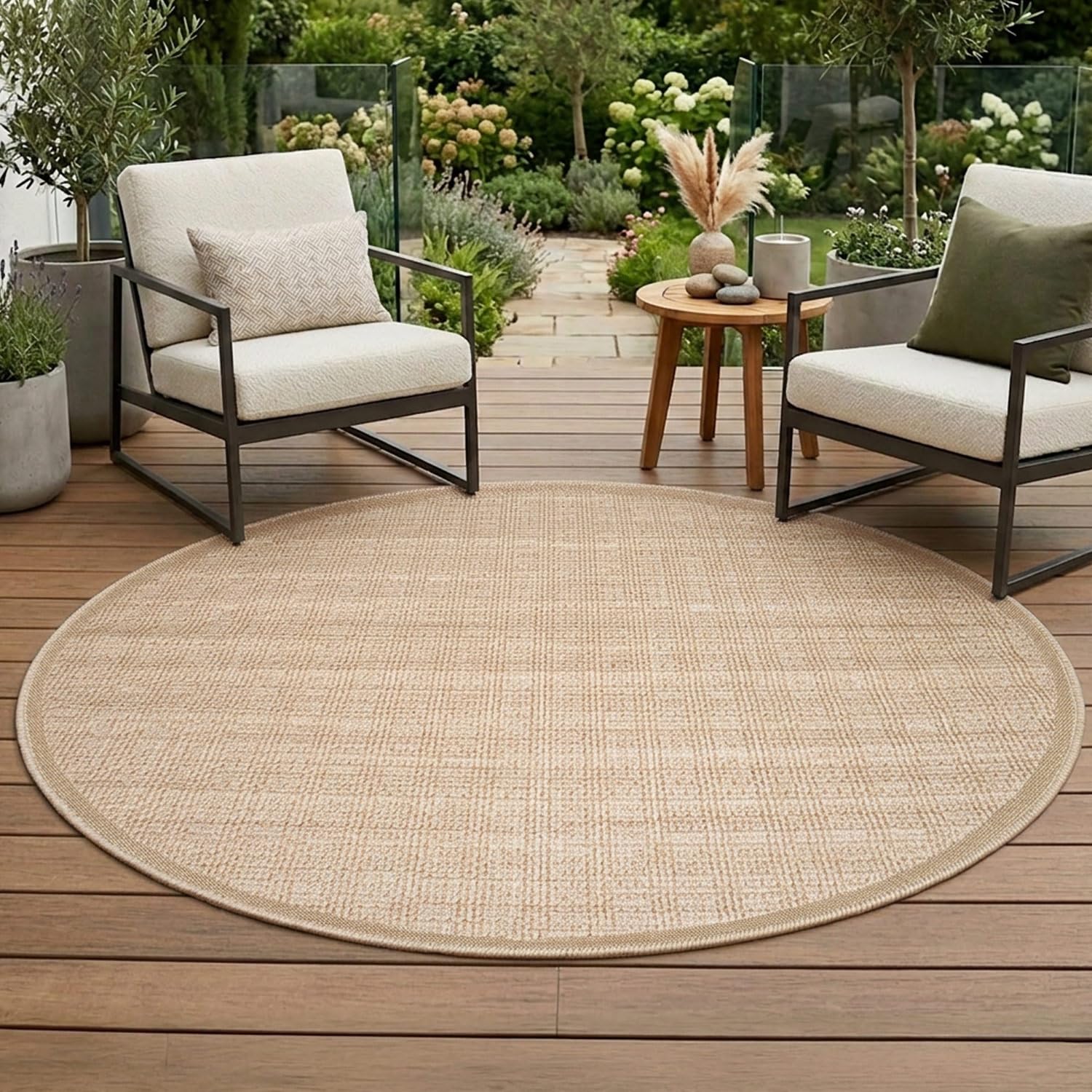 carpet city Outdoor-Teppich Wetterfest Braun 160 cm Rund - Meliert, Bordüre, Sisal-Optik, Flachgewebe, Robust, UV-beständig & Witterungsbeständig - für Außenbereich, Balkon, Terrasse, Flur