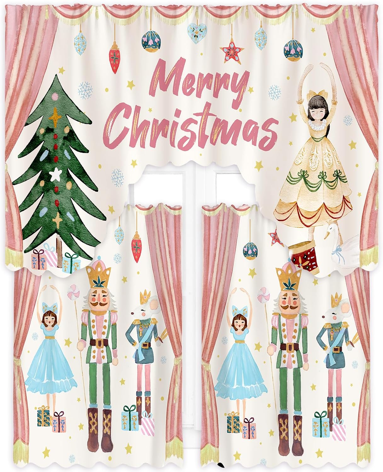 FuWeave Christmas Kitchen Curtains 3 Piece Set Green Gnome Window Curtains and Valance Set Xmas Curtain Swag for Kitchen Bedroom Living Room Decor, 60 x 36 Valance, 36 x 30 Tier