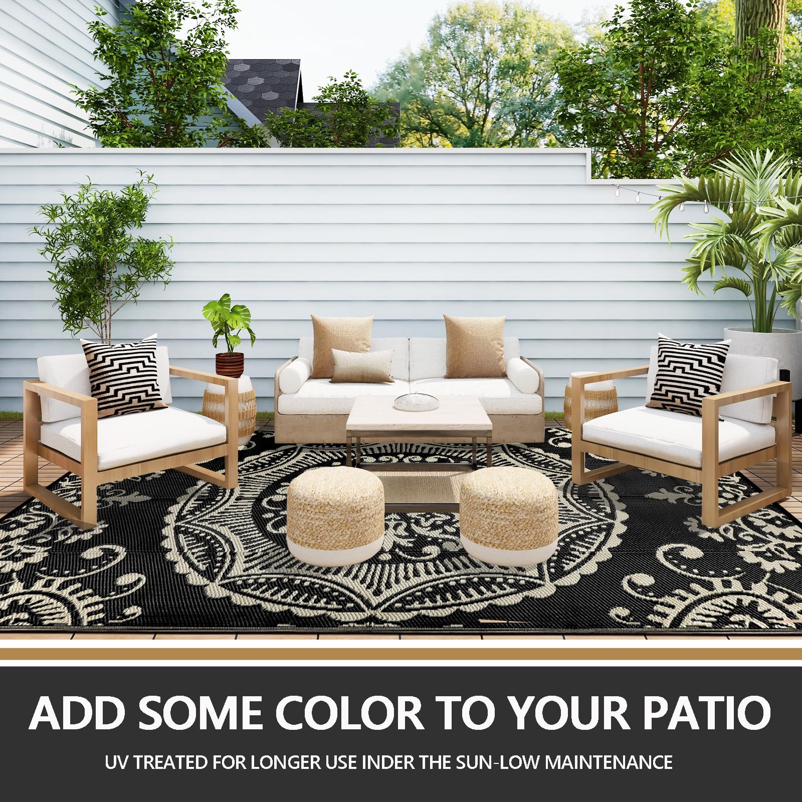 Capslpad Outdoor Teppich Wetterfest, Balkon Teppich, Kunststoff Camping Teppich, Leichtgewicht Picknickdecke, Vorzeltteppich Outdoorteppich für Balkon, Picknick, Camping, Garten, 270 x 365 cm Schwarz