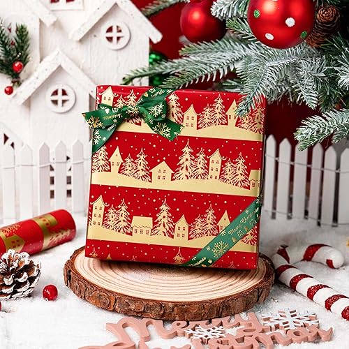 Miniatura 3 de MAYPLUSS Rollo de Papel de Regalo de Navidad, 17 Pulgadas X 16.5 Pies Papel de Regalo con Diseño de Árbol de Navidad Dorado Casa Copo de Nieve