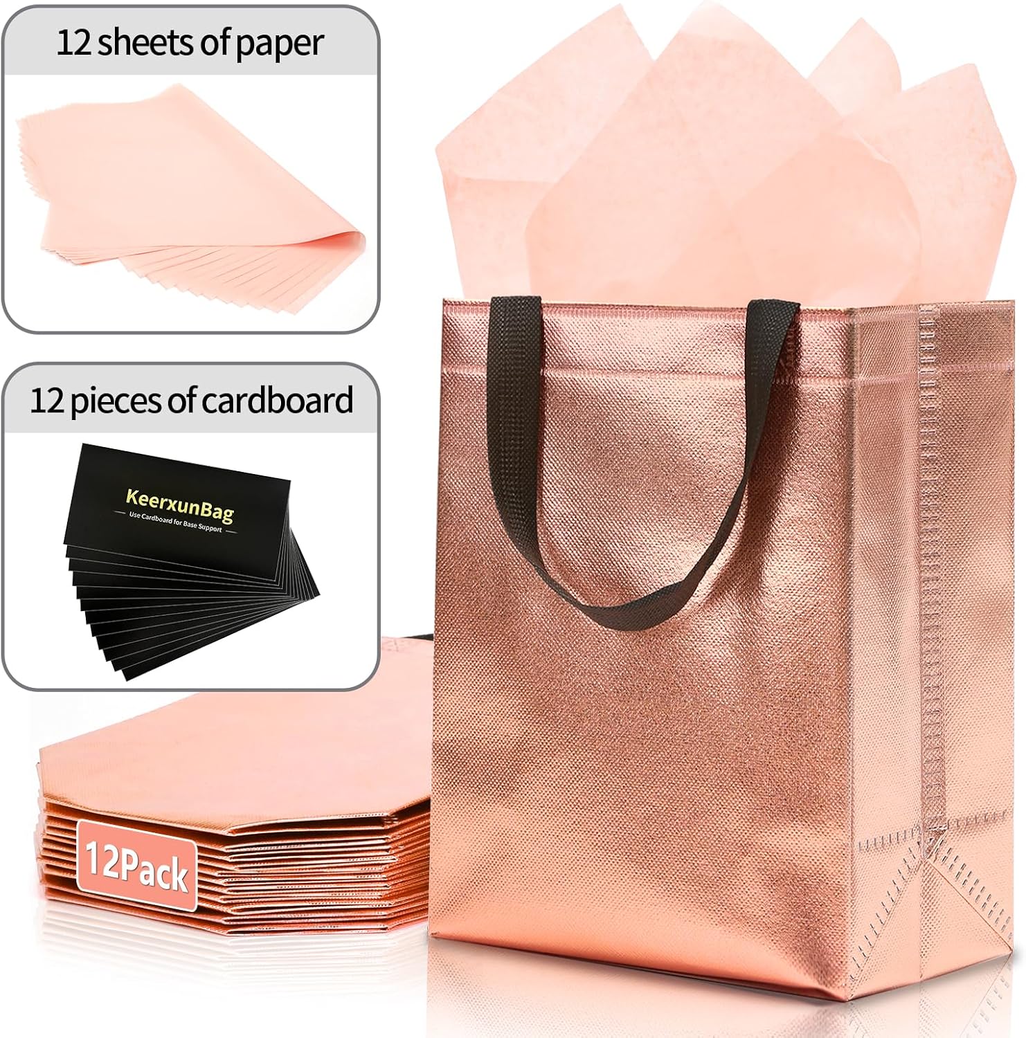 KeerxunBag 12pcs Reusable Gift Bags(Includes Tissue Paper) Gift bag with handle Birthdays Parties Holidays Weddings Medium 10x4x8in rose gold Gift Bags - Image 4