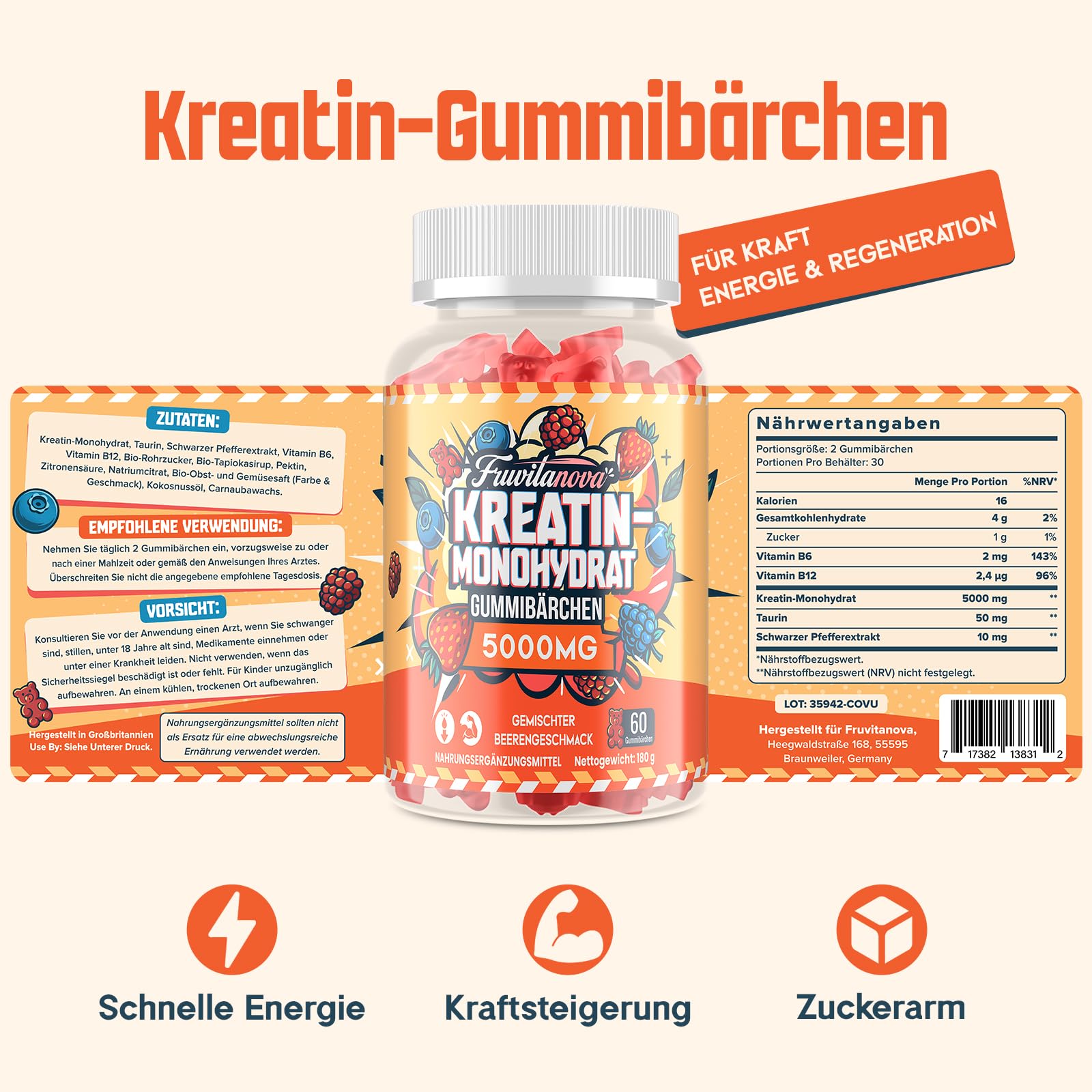 Kreatin Monohydrat Gummibärchen 5000 mg pro Portion, weiche Gummibärchen mit Fruchtgeschmack, Taurin und schwarzem Pfeffer für Muskeln und Kraft, 60 Stück