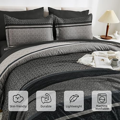 Miniatura 5 de WONGS BEDDING Juego de edredón de 7 piezas tamaño Queen, gris oscuro y negro a rayas, juego de edredón y sábanas, juego de ropa de cama bohemio