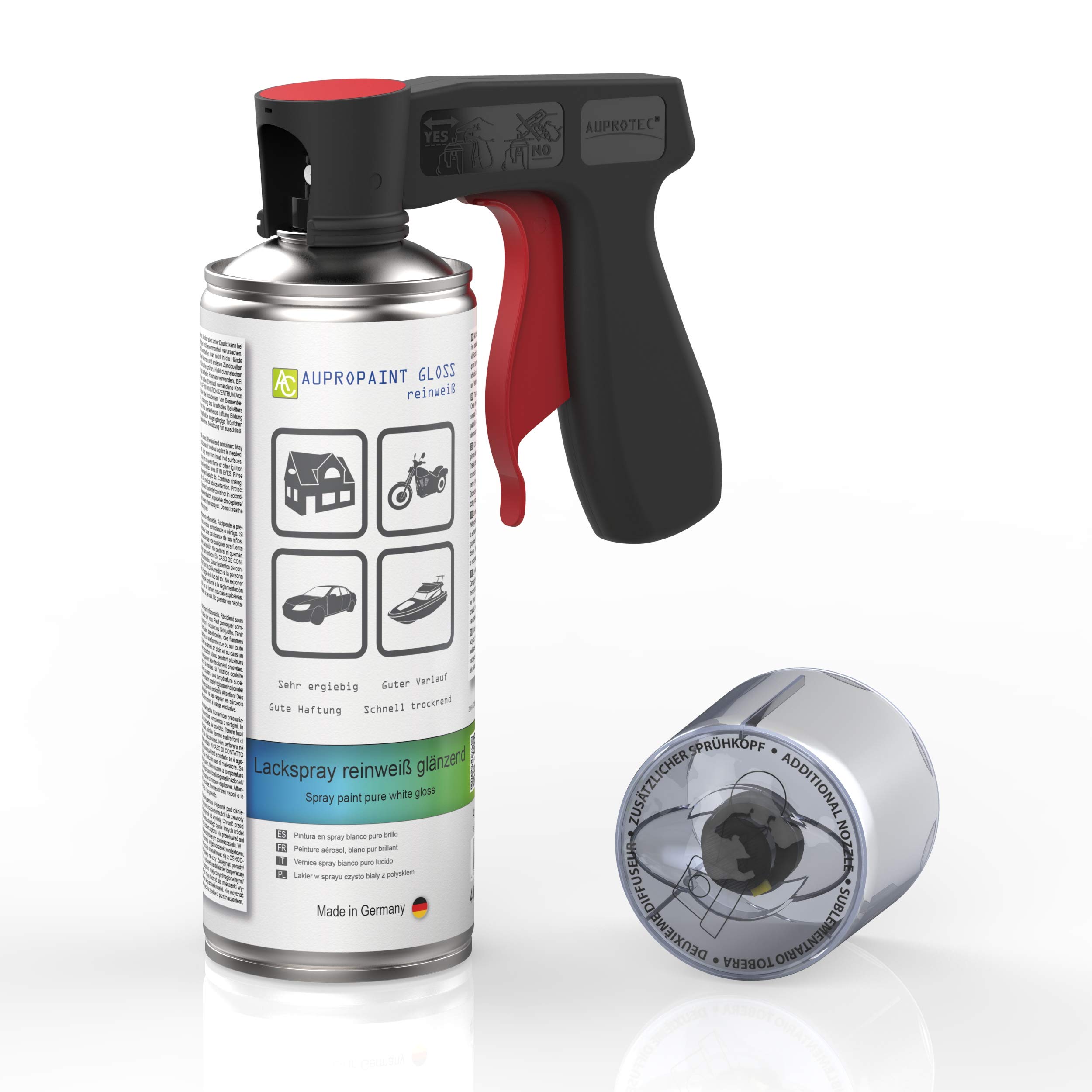 AUPROTEC Lackspray AUPROPAINT GLOSS weiß glänzend Sprühlack Glanzlack Auto Lack Spray 3x 400ml + 1x Original Pistolengriff